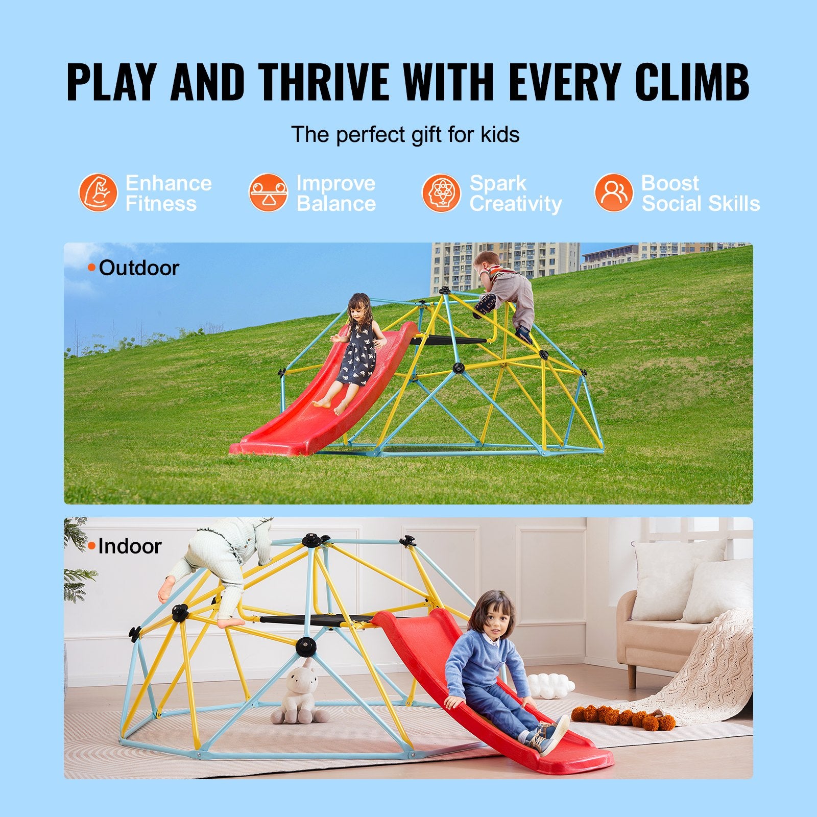 VEVOR Climbing Dome, 8FT Geometric Dome Climber with Slide, for Kids 3 to 9 Years Old, Jungle Gym Supports 600LBS and Easy Assembly, with Climbing Grip, Outdoor and Indoor Play Equipment for Kids 3