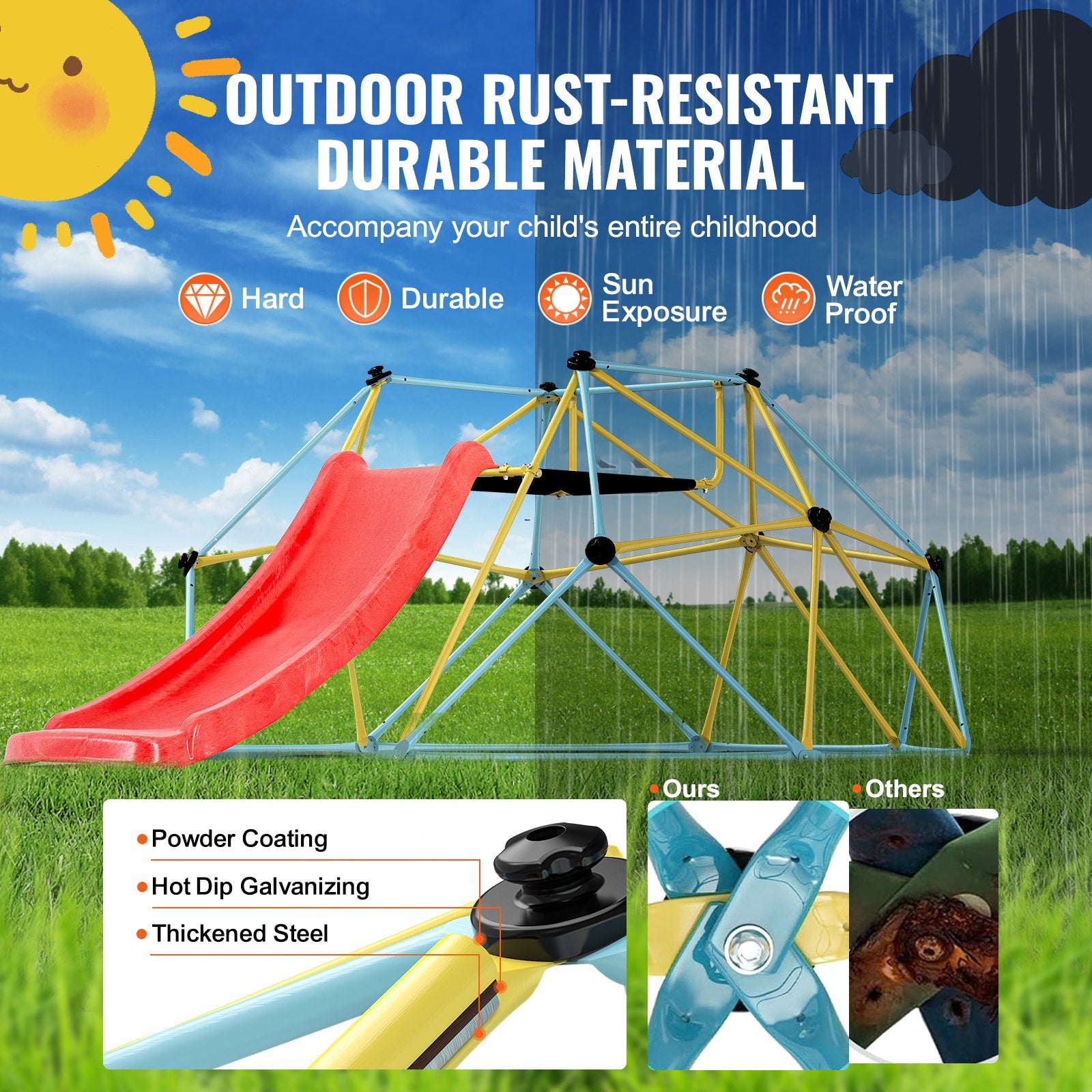 VEVOR Climbing Dome, 8FT Geometric Dome Climber with Slide, for Kids 3 to 9 Years Old, Jungle Gym Supports 600LBS and Easy Assembly, with Climbing Grip, Outdoor and Indoor Play Equipment for Kids 6