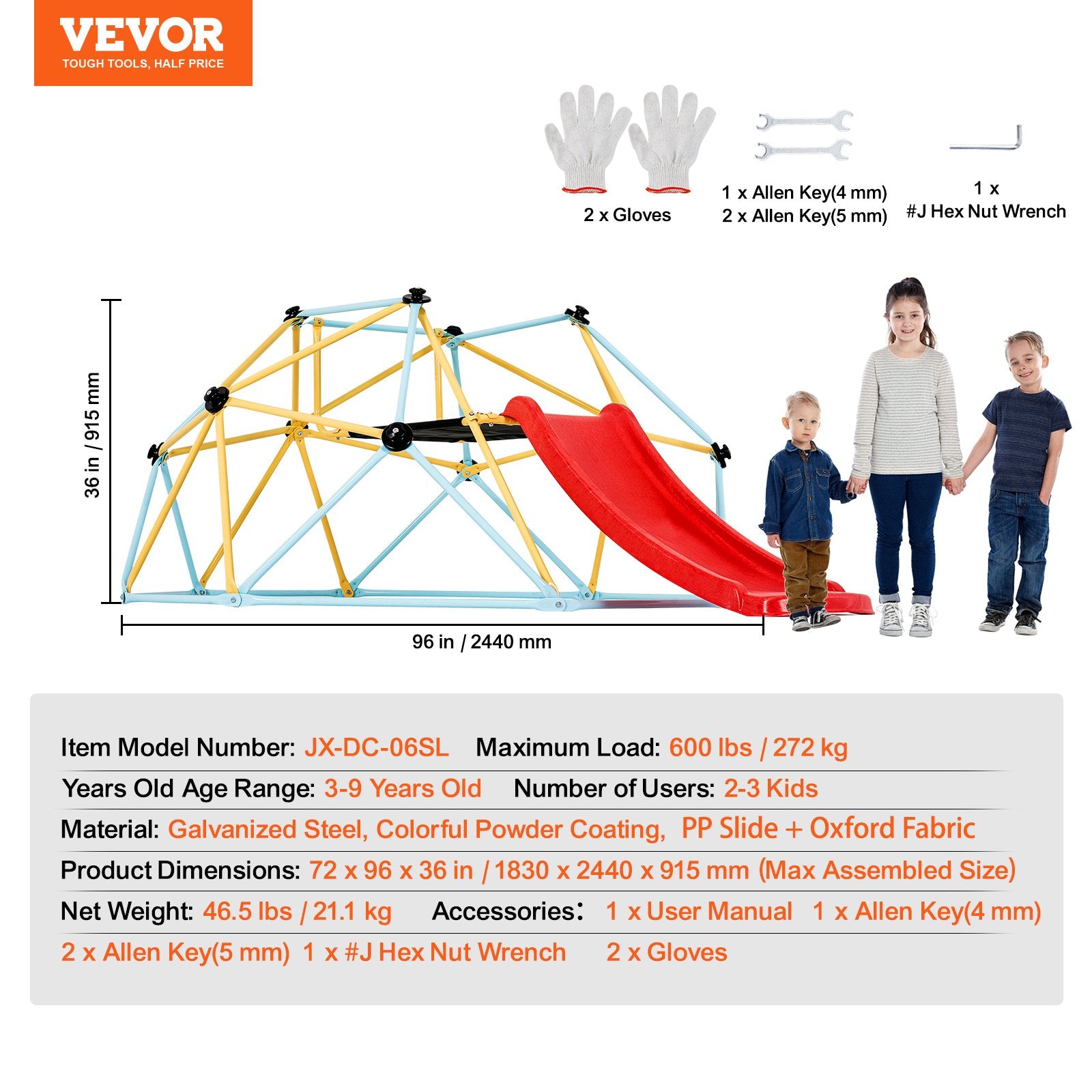 VEVOR Climbing Dome, 8FT Geometric Dome Climber with Slide, for Kids 3 to 9 Years Old, Jungle Gym Supports 600LBS and Easy Assembly, with Climbing Grip, Outdoor and Indoor Play Equipment for Kids 7