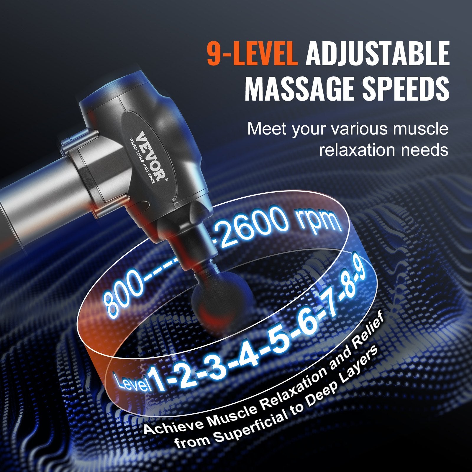 VEVOR Massage Gun Deep Tissue, Percussion Muscle Massager for Athletes - with 9 Speed Levels & 6 Massage Heads, 24V 2500mAh Batteries, Handheld Electric Massage Gun for Pain Relief, Muscle Relaxation 3