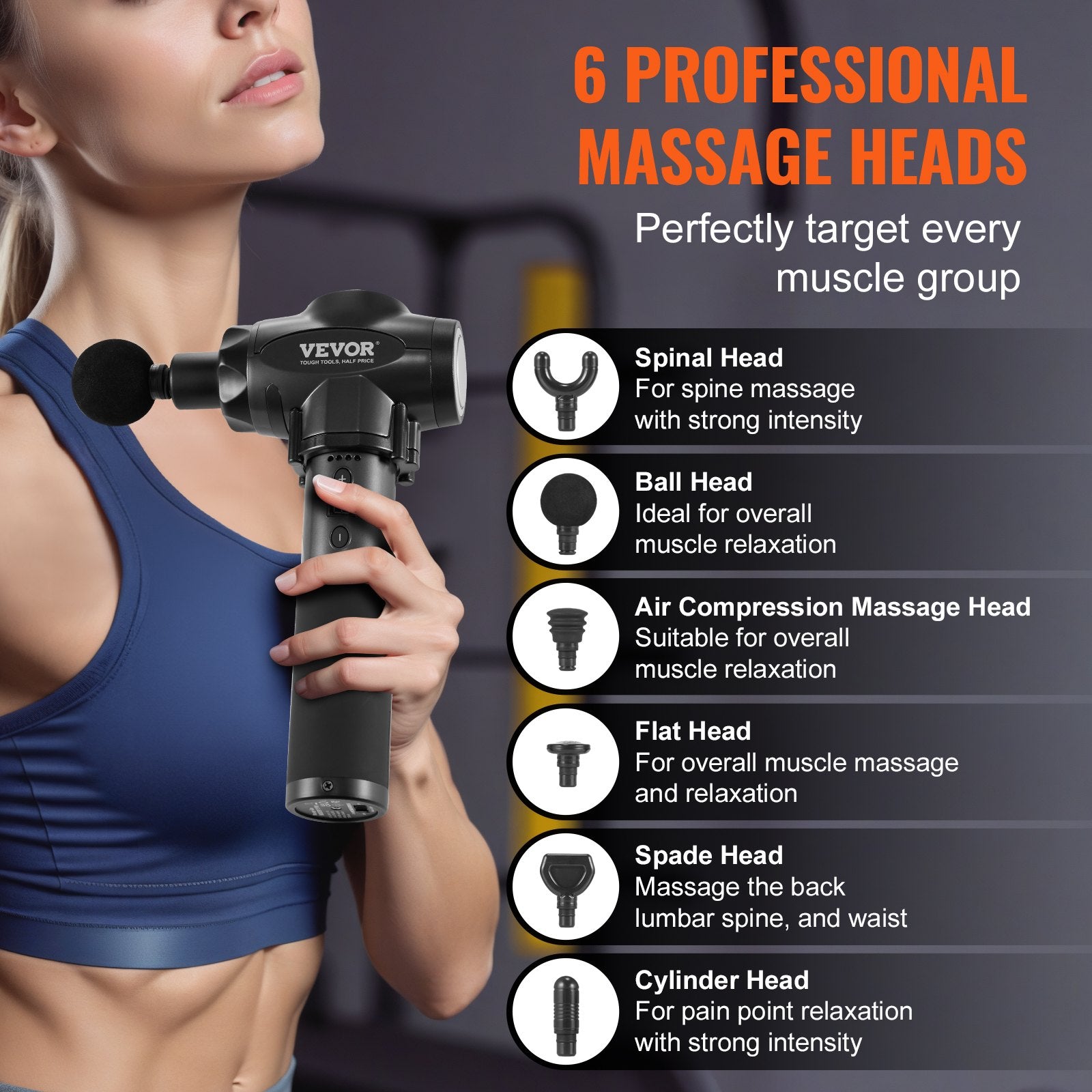 VEVOR Massage Gun Deep Tissue, Percussion Muscle Massager for Athletes - with 9 Speed Levels & 6 Massage Heads, 24V 2500mAh Batteries, Handheld Electric Massage Gun for Pain Relief, Muscle Relaxation 5
