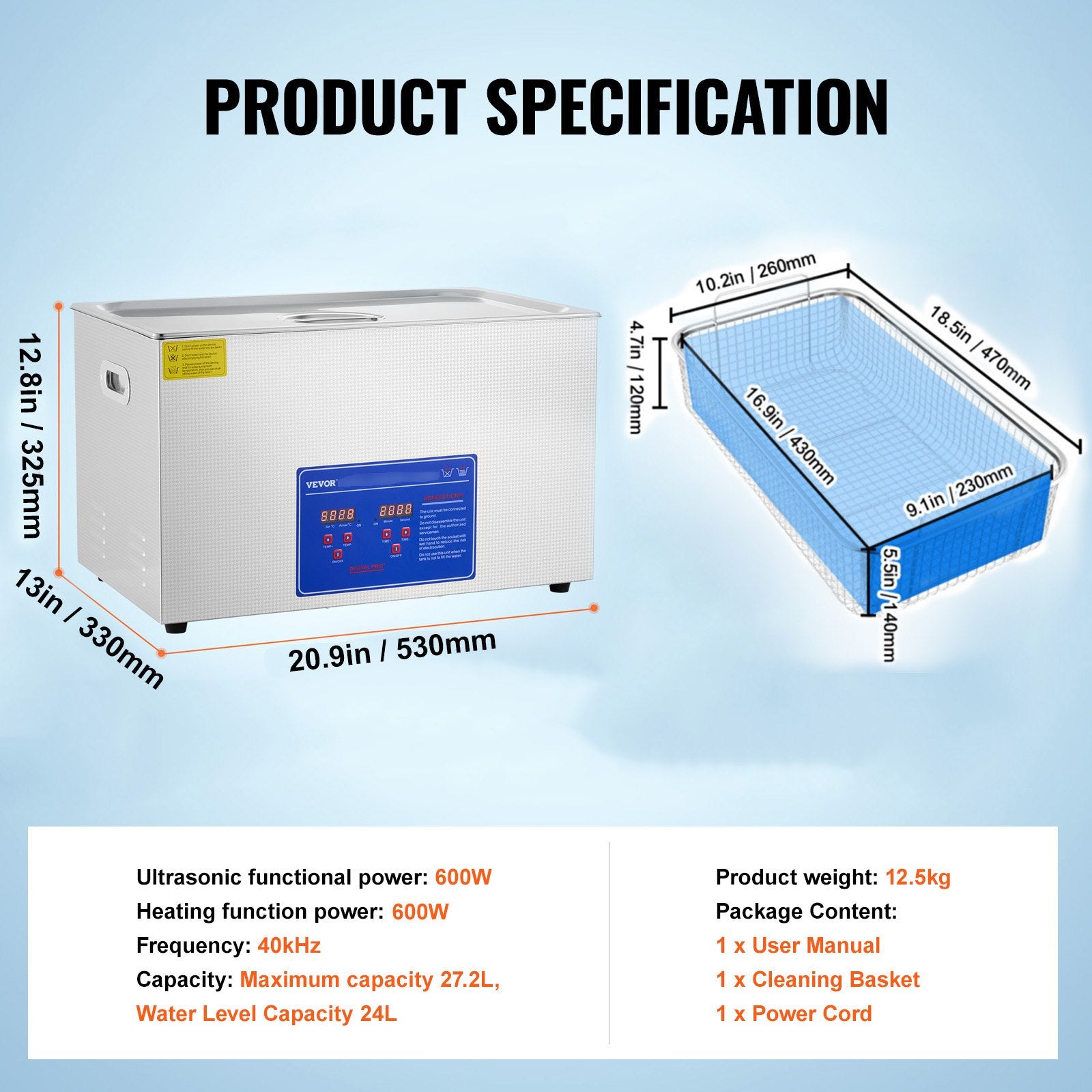 Vevor 30L Digital Ultrasonic Cleaners Cleaning Equipment Bath Tank w/Timer Heated 7