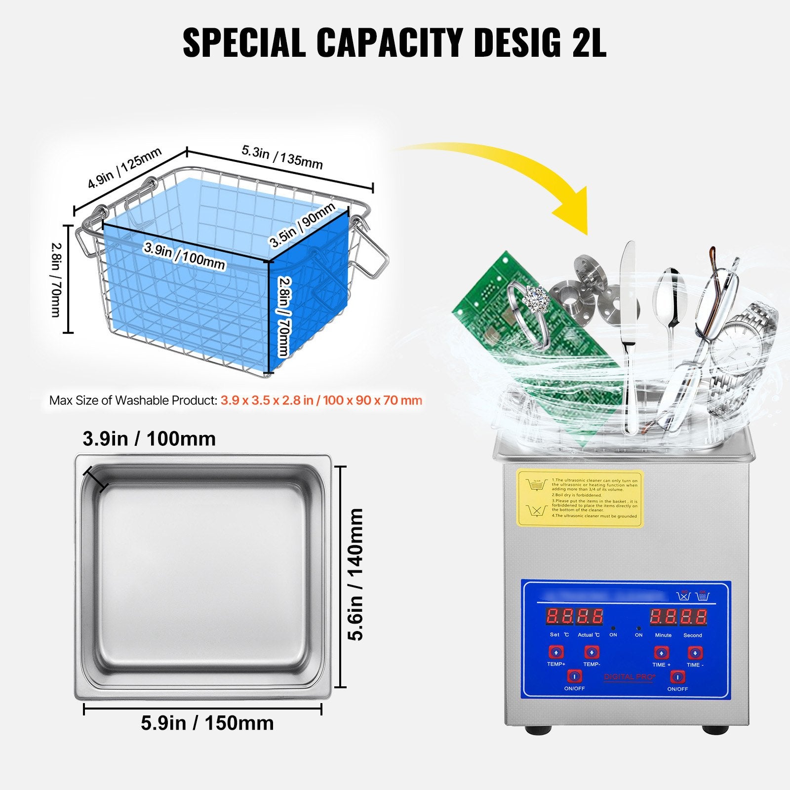 VEVOR Ultrasonic Cleaner 2L Jewelry Cleaning with Digital Timer Ultrasonic Cleaning Machine for Jewellery Rings Watches Eyeglasses Dentures Coins Metal Parts Commercial and Home Use 5