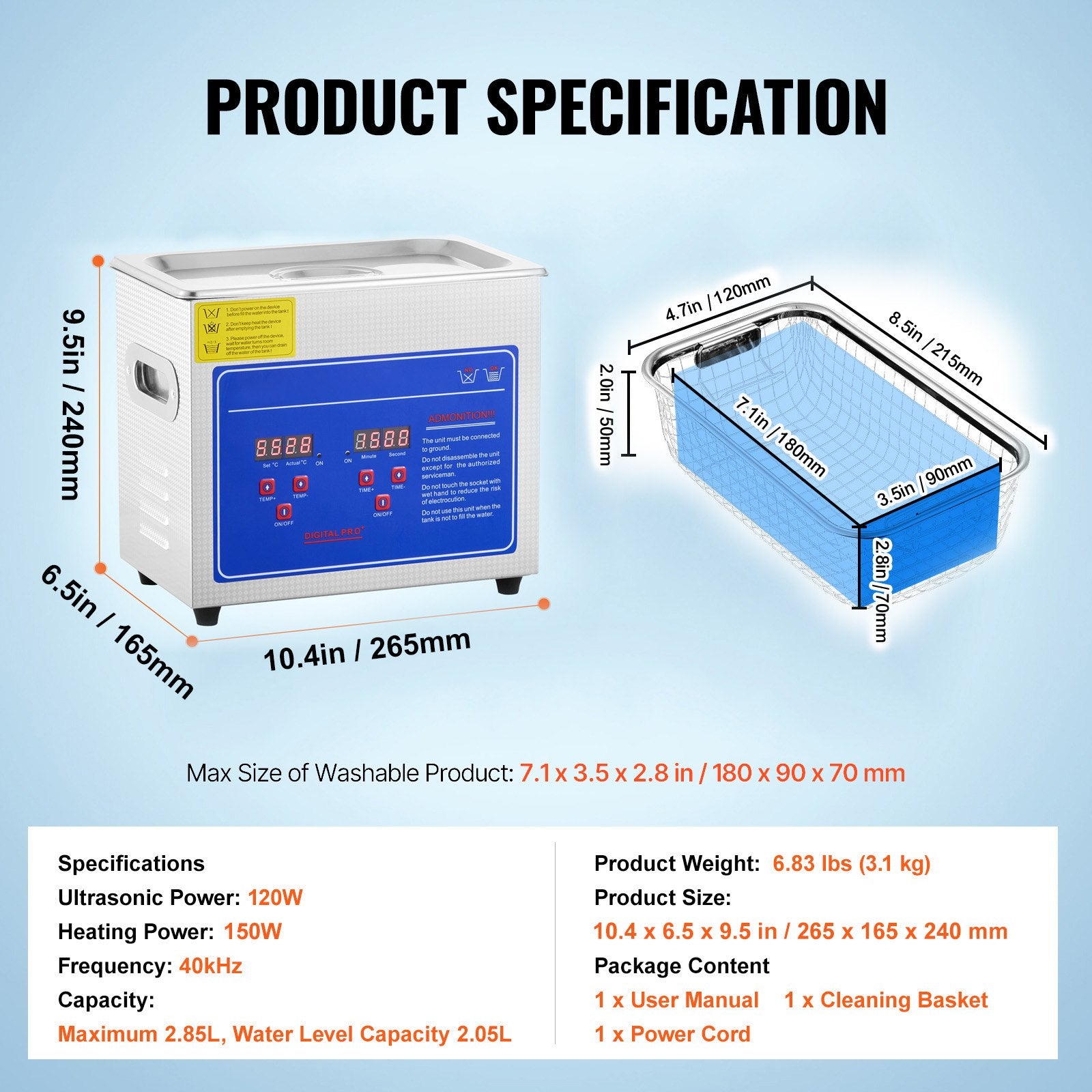 VEVOR Ultrasonic Cleaner Machine 3L Stainless Steel Ultrasonic Cleaning Machine Digital Heater Timer Jewelry Cleaning for Commercial Personal Home Use (3L) 7