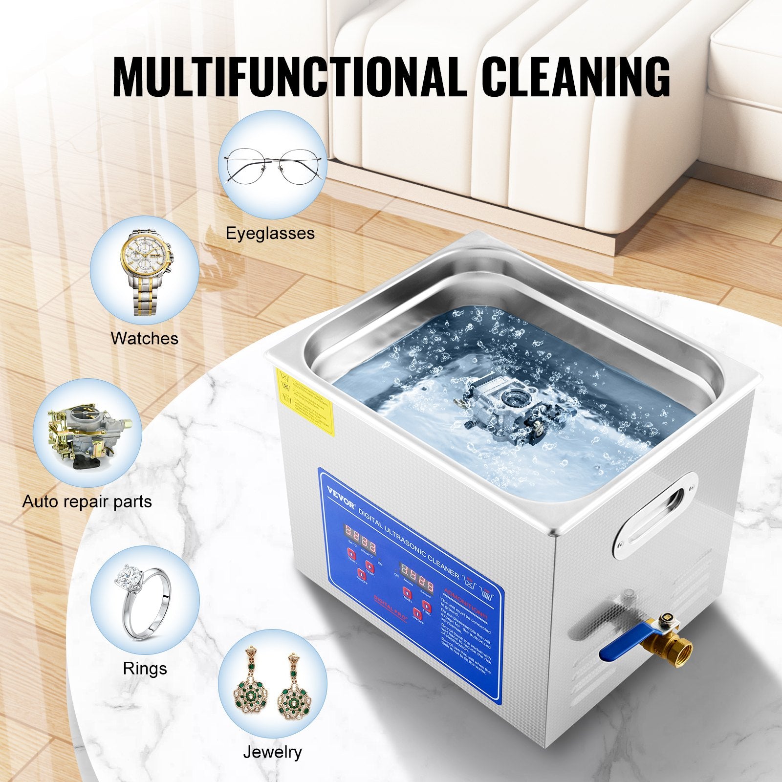 VEVOR Ultrasonic Cleaner 10L Jewelry Cleaning with Digital Timer Ultrasonic Cleaning Machine for Jewellery Rings Watches Eyeglasses Dentures Coins Metal Parts Commercial and Home Use Silver 5