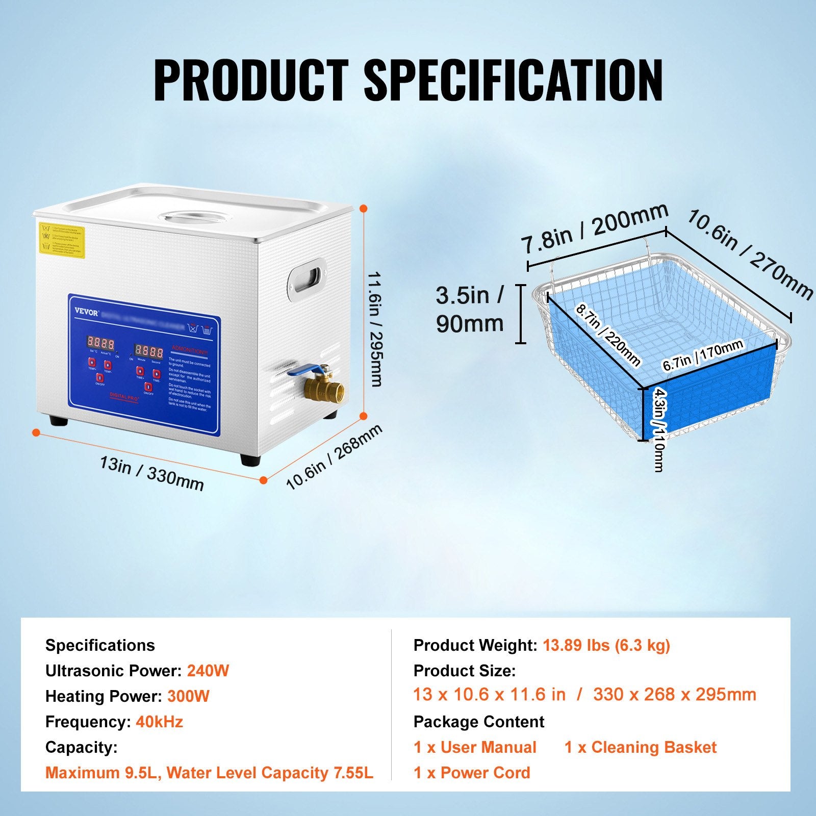 VEVOR Ultrasonic Cleaner 10L Jewelry Cleaning with Digital Timer Ultrasonic Cleaning Machine for Jewellery Rings Watches Eyeglasses Dentures Coins Metal Parts Commercial and Home Use Silver 7