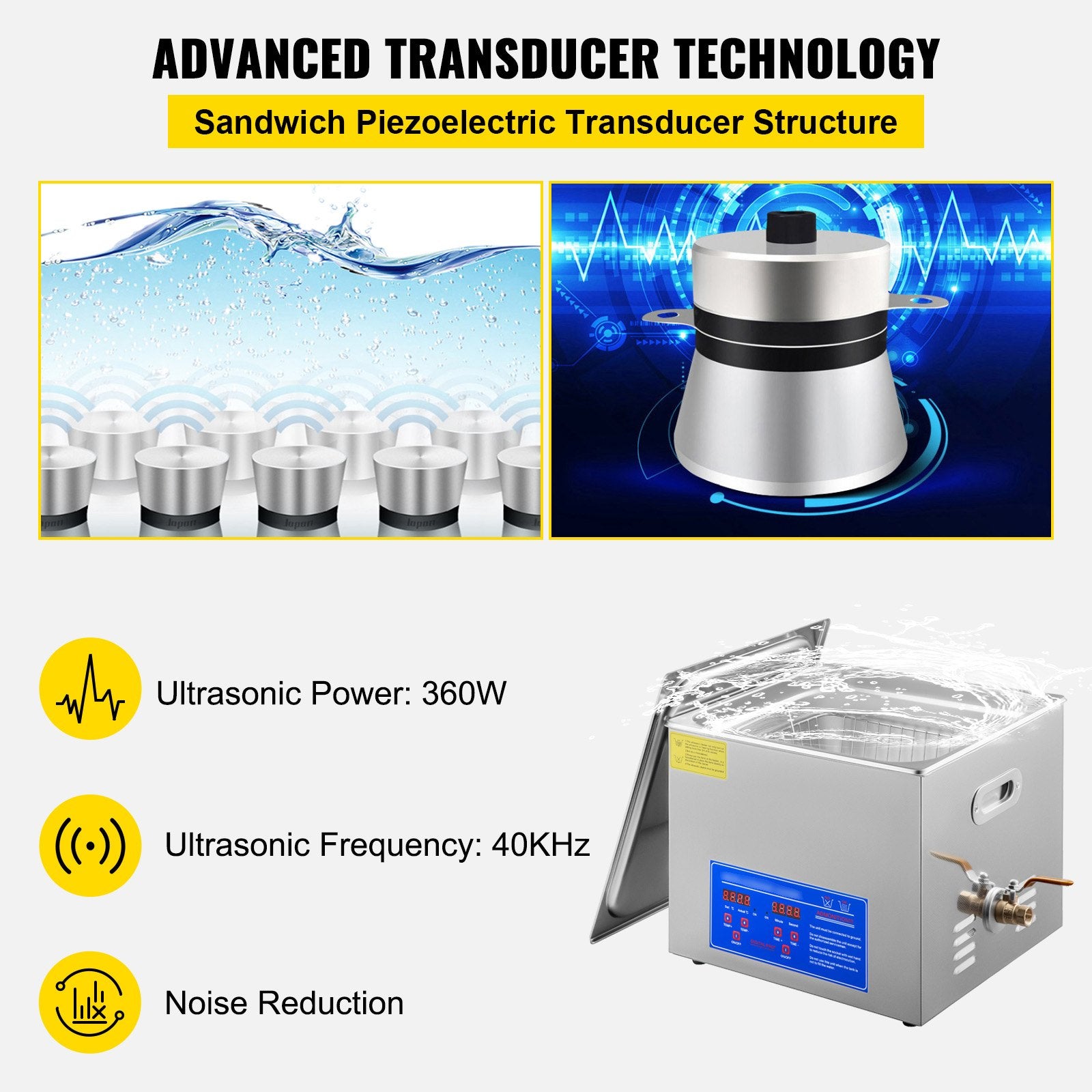 Vevor Powerful Stainless Steel 13.5-15 L Liters Ultrasonic Cleaner 360W Digital Heater Timer 3