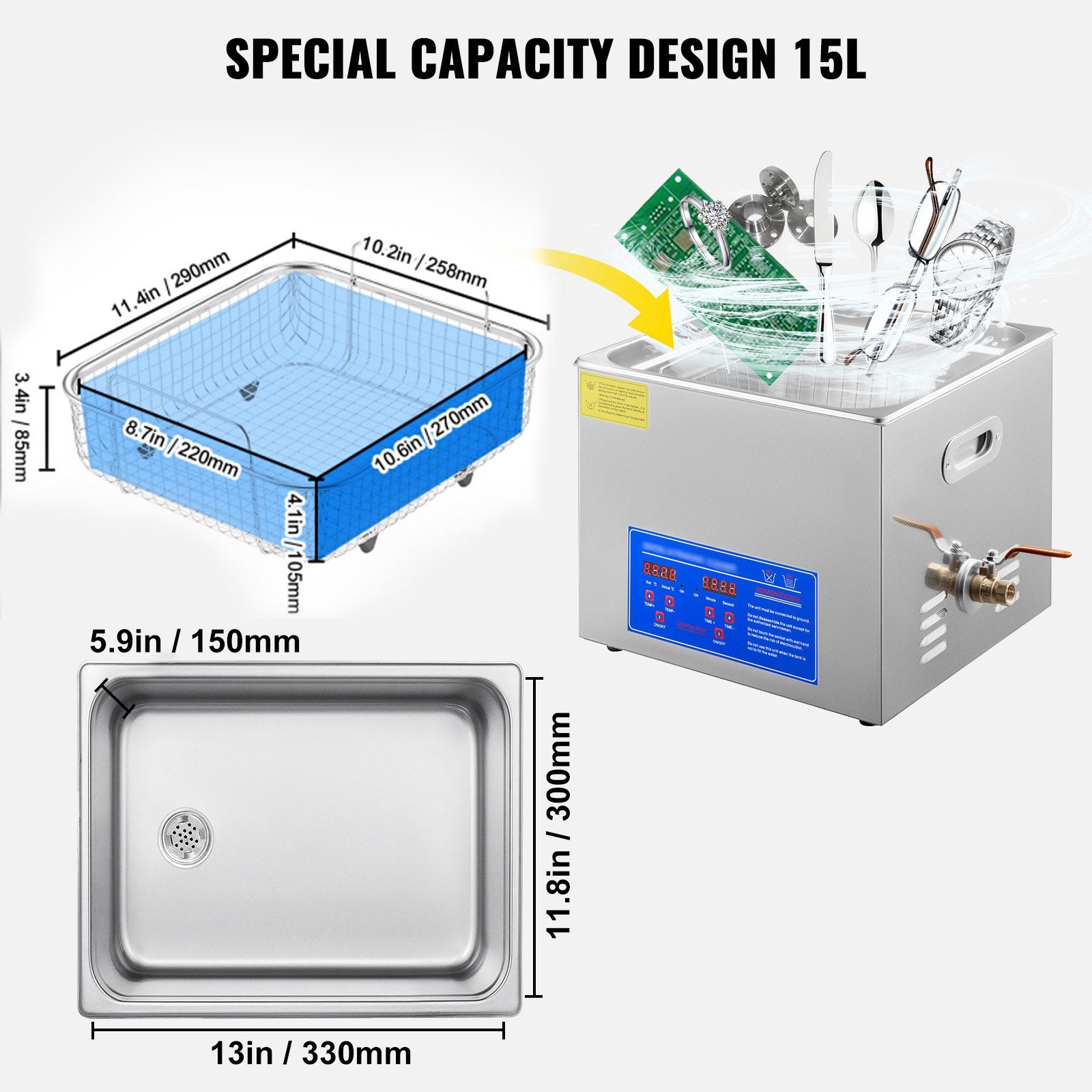 Vevor Powerful Stainless Steel 13.5-15 L Liters Ultrasonic Cleaner 360W Digital Heater Timer 6