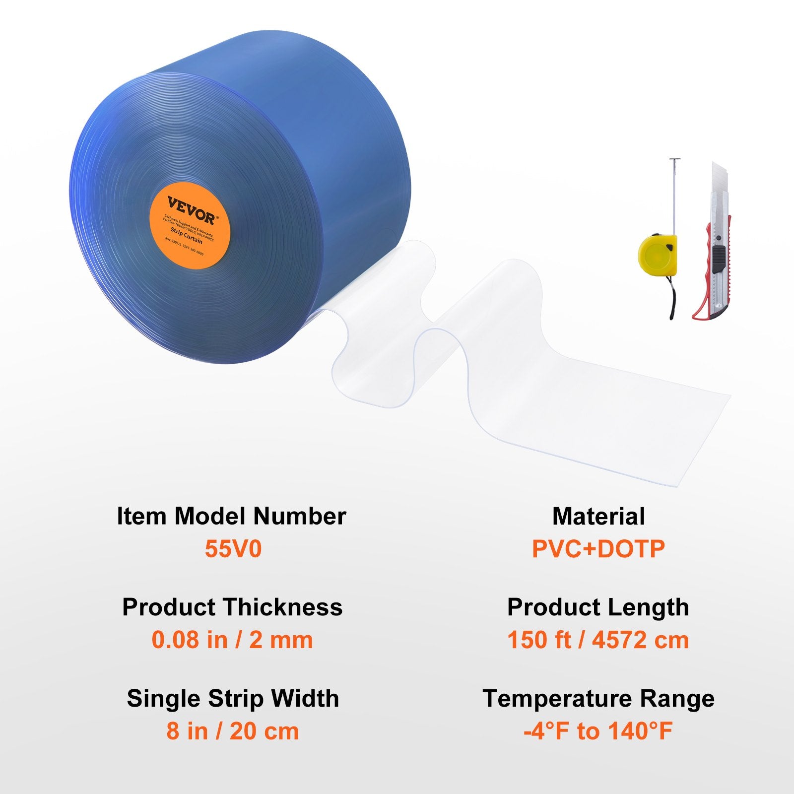 VEVOR Strip Curtain, 150' Length x 8" Width x 0.08" Thickness, Clear PVC Smooth Curtain Strip Door Bulk Roll, Plastic Door Strips for Doorways of Supermarket, Garage, Warehouse, Barn, Pet Animal House 7