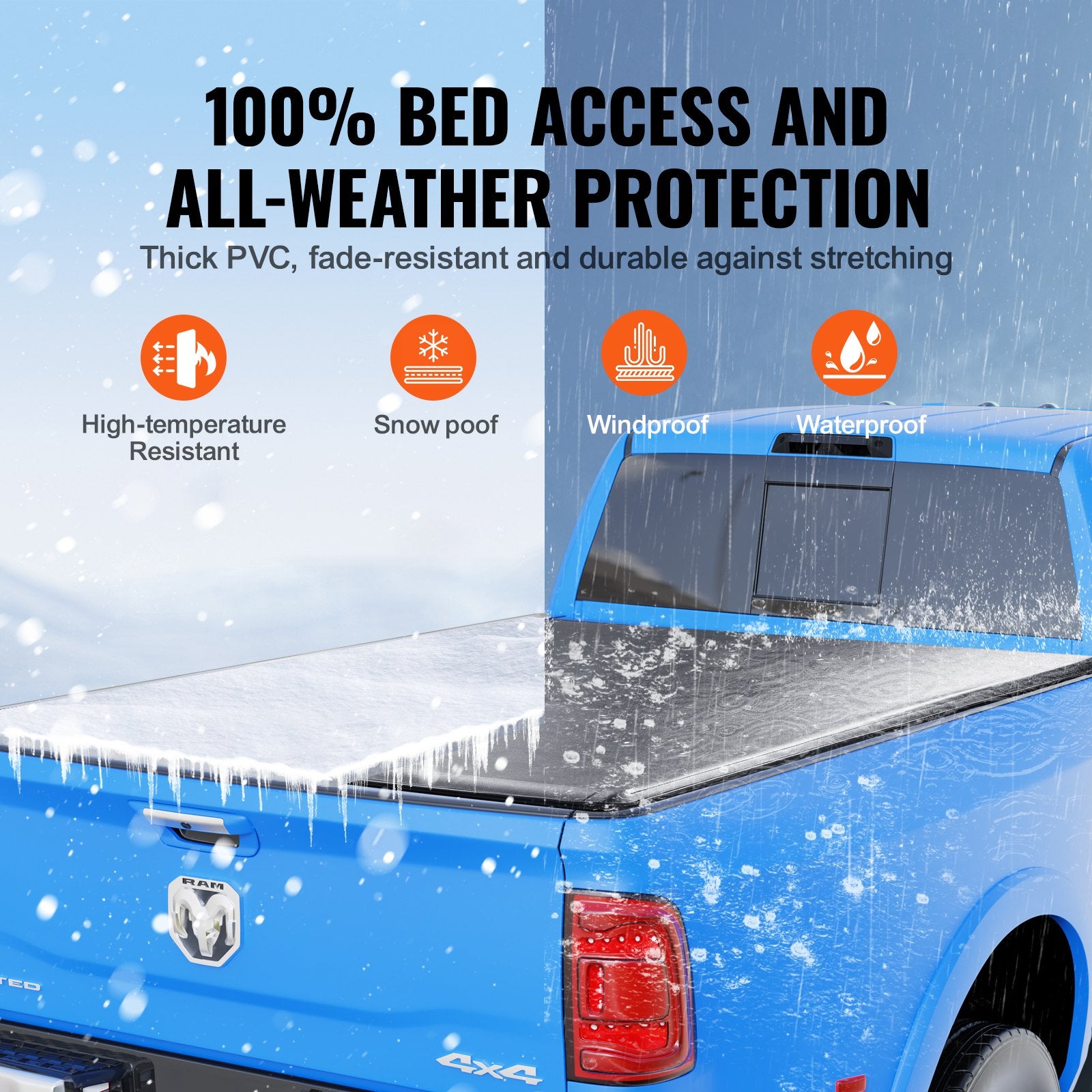 VEVOR Truck Bed Cover, Roll Up Truck Bed Tonneau Cover, Compatible with 2002-2018 Dodge Ram 1500, 2003-2024 2500 3500, 2019-2024 Classic, for 6.4 x 5.5 ft Bed, Soft PVC material, Roll Up Tonneau Cover 4