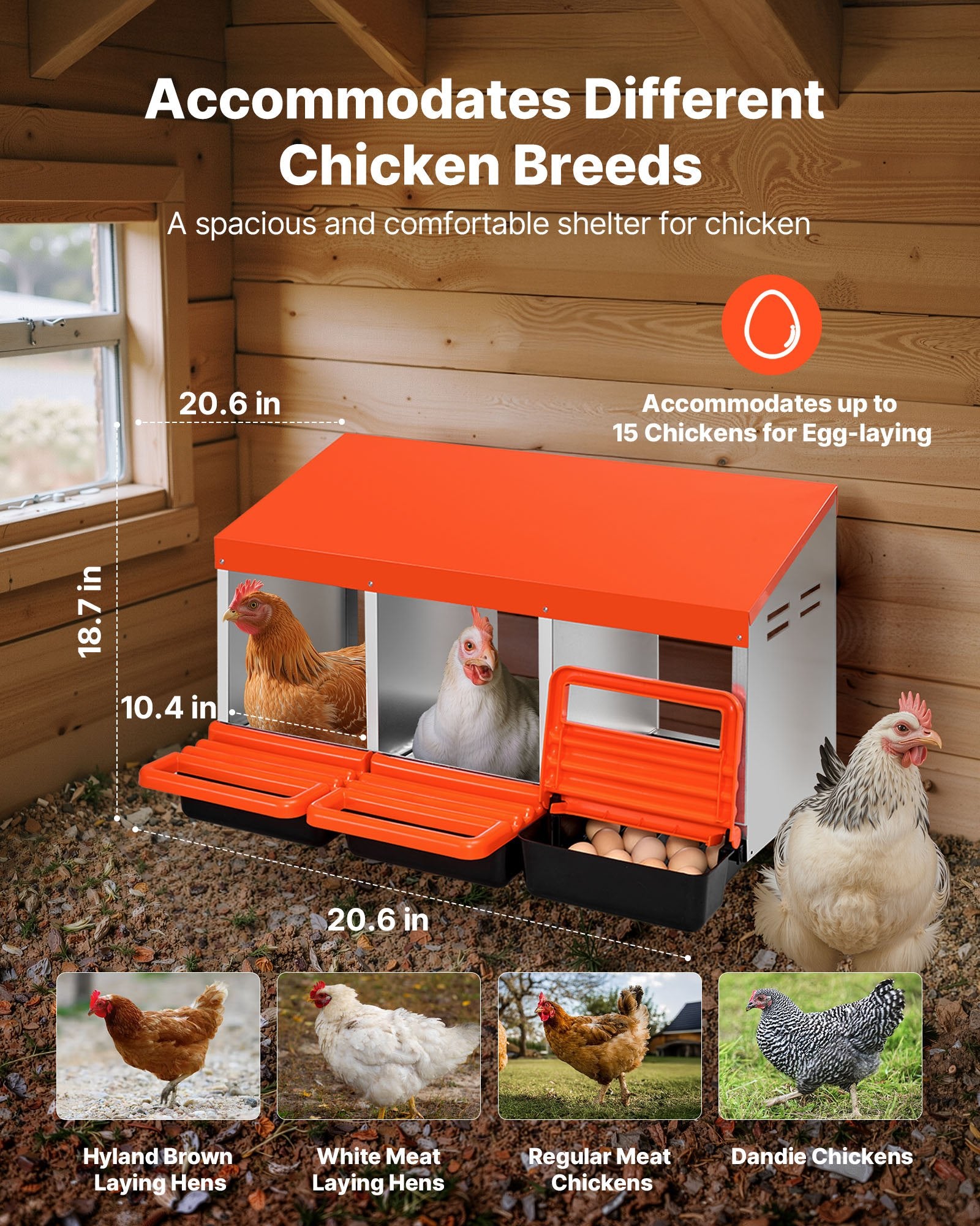 VEVOR Chicken Nest Box, 3-Compartment, 15 to 30 in Stable & Corrosion-Resistant Metal Nesting Boxes with Inclined Nesting Boxes, Bottom Holes & Resting Platform, Fit for Different Chicken Breeds