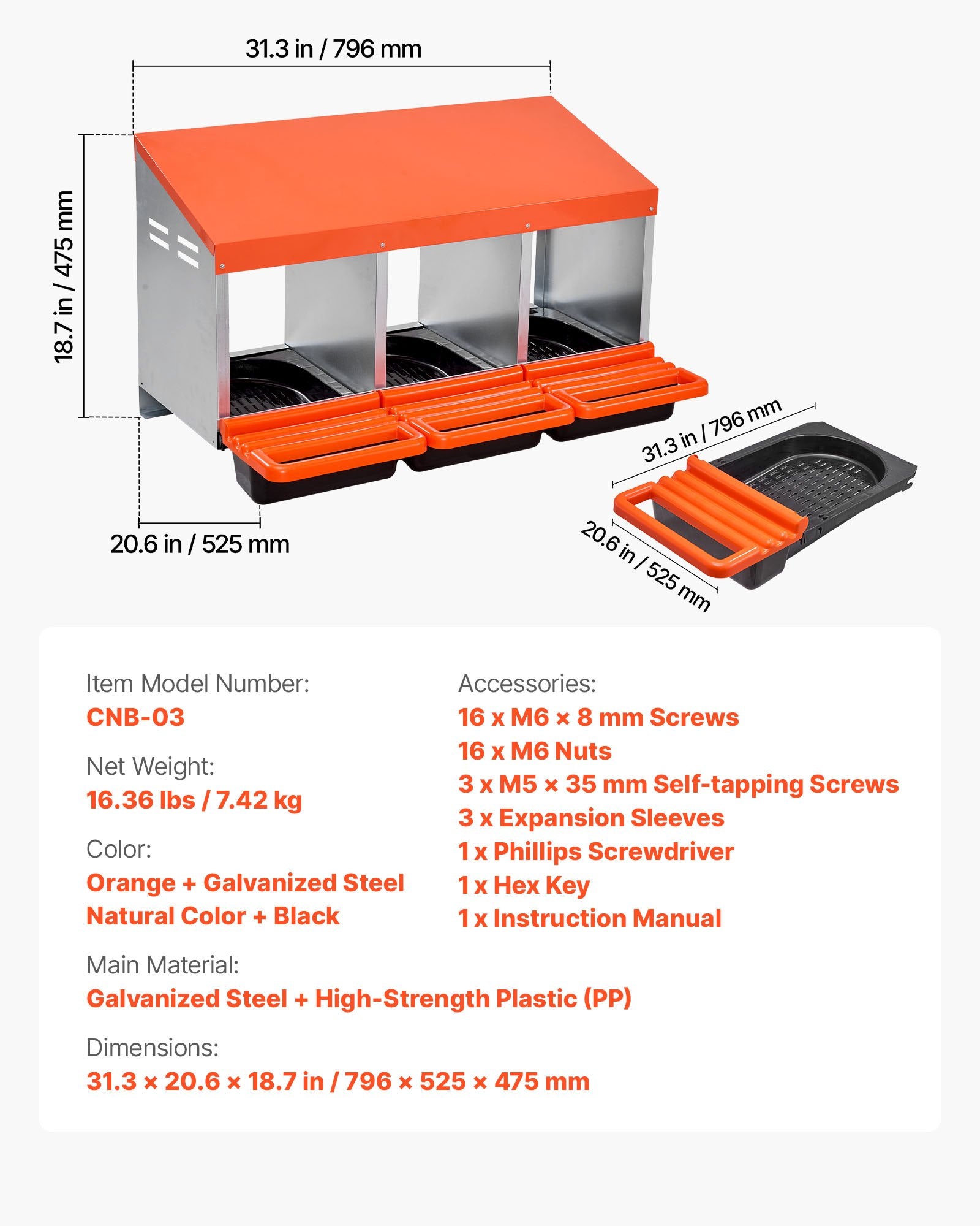 VEVOR Chicken Nest Box, 3-Compartment, 15 to 30 in Stable & Corrosion-Resistant Metal Nesting Boxes with Inclined Nesting Boxes, Bottom Holes & Resting Platform, Fit for Different Chicken Breeds 7