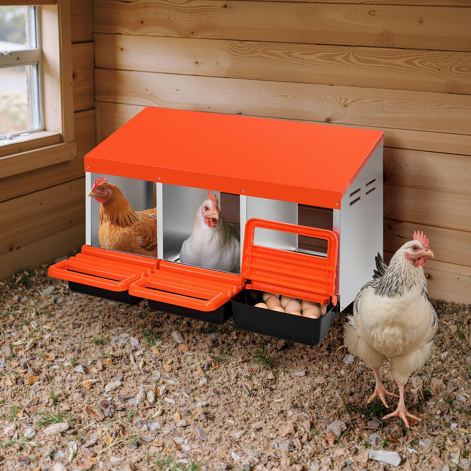 VEVOR Chicken Nest Box, 3-Compartment, 15 to 30 in Stable & Corrosion-Resistant Metal Nesting Boxes with Inclined Nesting Boxes, Bottom Holes & Resting Platform, Fit for Different Chicken Breeds 8