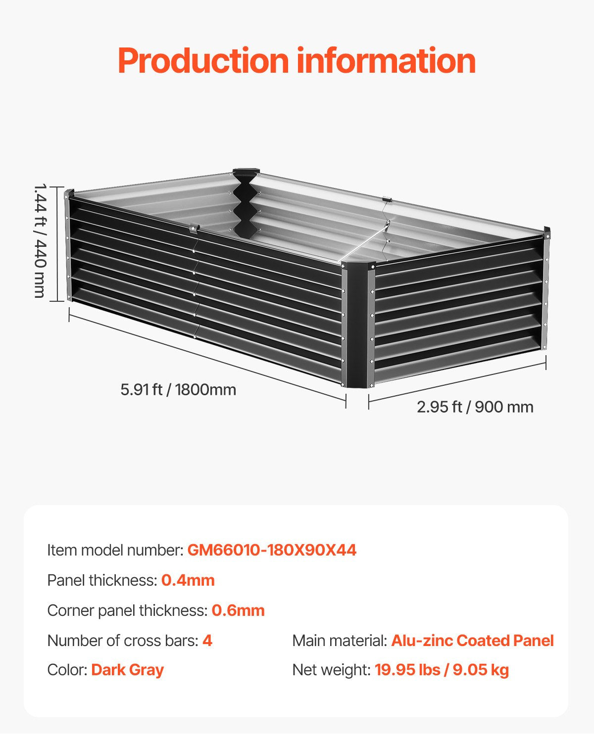 VEVOR Metal Raised Garden Bed, 6 x 3 x 1.5 ft Outdoor Galvanized Planter Box, with Open Bottom, Large Planter Raised Bed for Gardening Vegetables, Flowers, Herbs, and Succulent Plants, Dark Gray 7