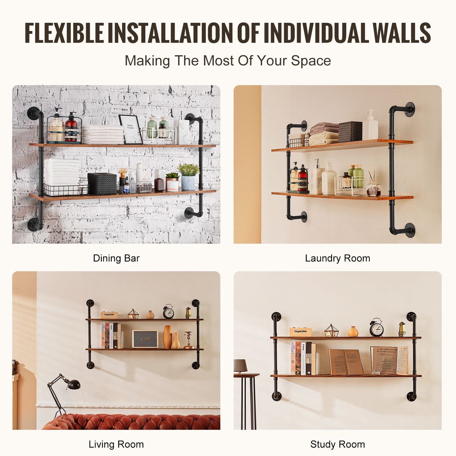 VEVOR Industrial Pipe Shelf 2 Tier 48x 9.84in Wall-Mount for Kitchen Bedroom 4