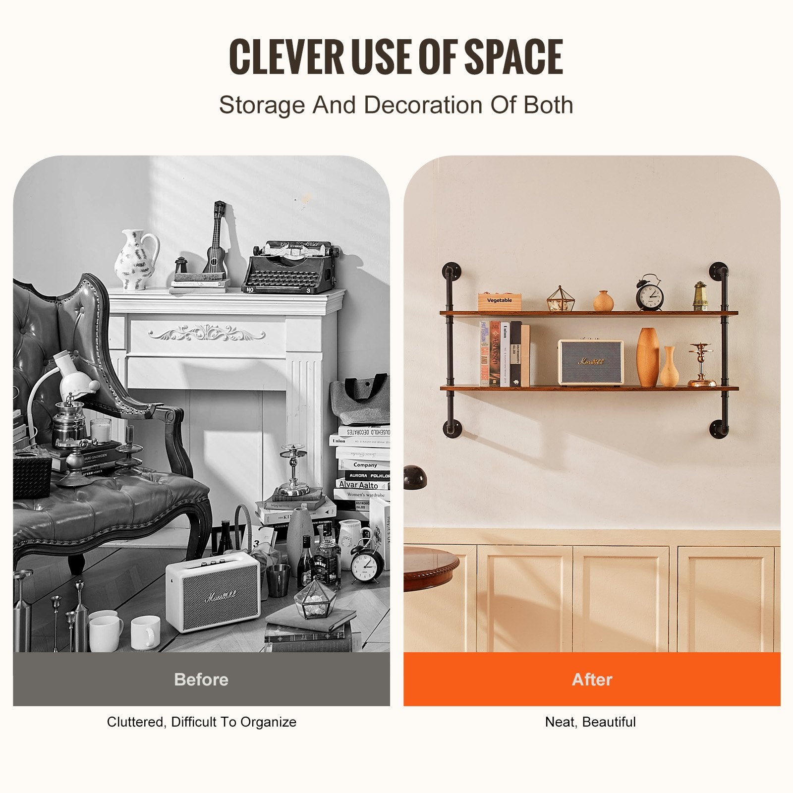 VEVOR Industrial Pipe Shelf 2 Tier 48x 9.84in Wall-Mount for Kitchen Bedroom 5