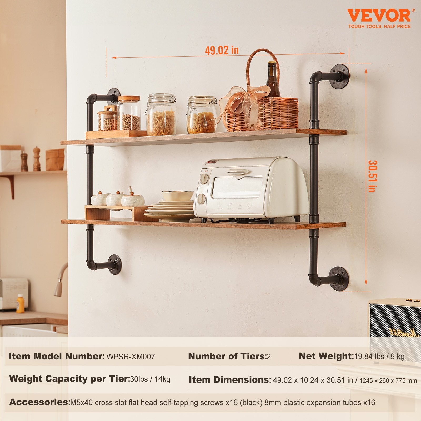 VEVOR Industrial Pipe Shelf 2 Tier 48x 9.84in Wall-Mount for Kitchen Bedroom 7