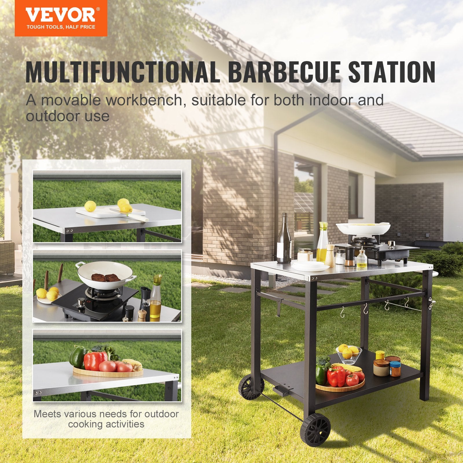 VEVOR Outdoor Grill Dining Cart with Double-Shelf, 85*55cm BBQ Movable Food Prep Table
