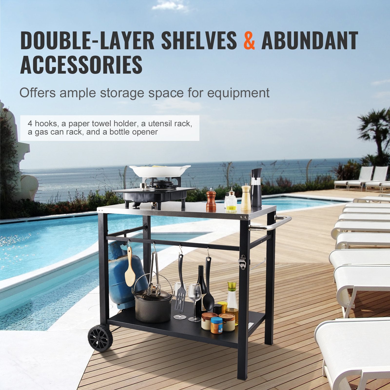 VEVOR Outdoor Grill Dining Cart with Double-Shelf, 85*55cm BBQ Movable Food Prep Table 4