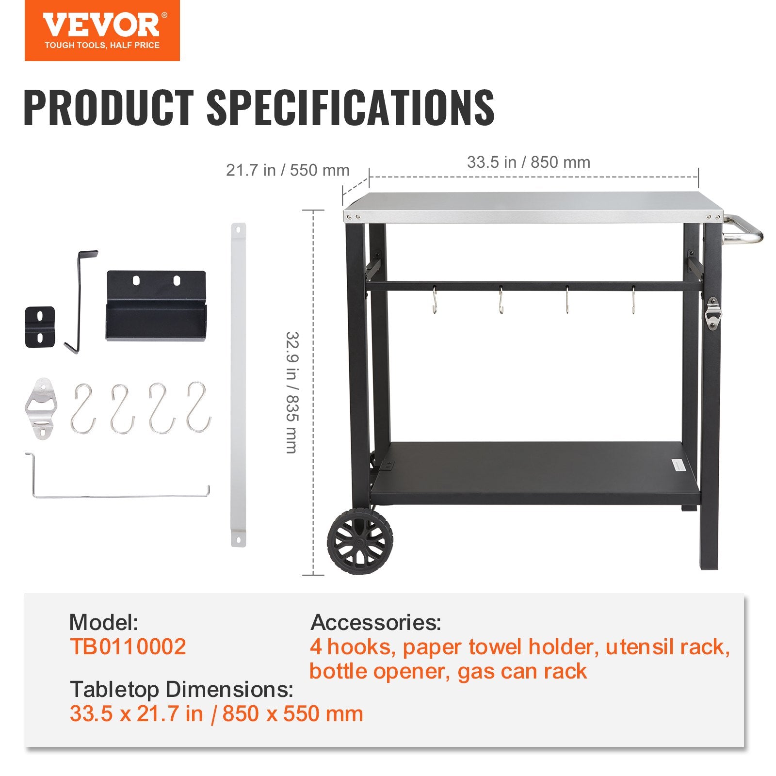 VEVOR Outdoor Grill Dining Cart with Double-Shelf, 85*55cm BBQ Movable Food Prep Table 7