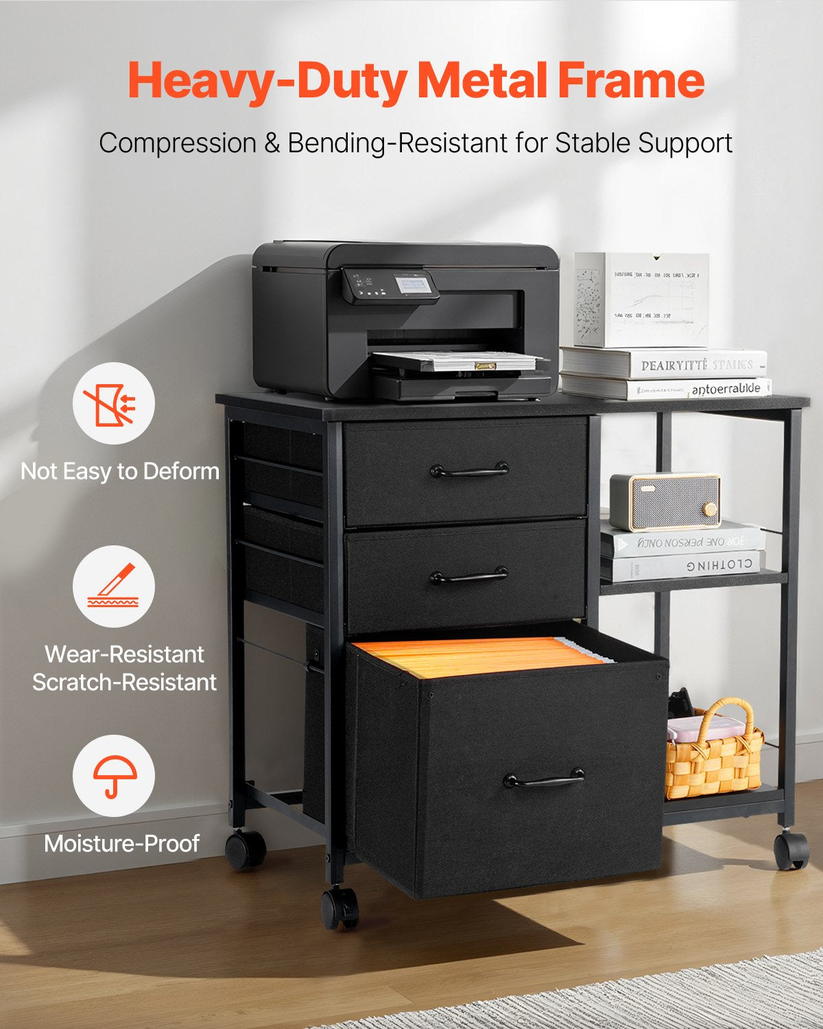 VEVOR Mobile Metal File Cabinet with 3 Fabric Drawers and 2 Open Shelves Black 5