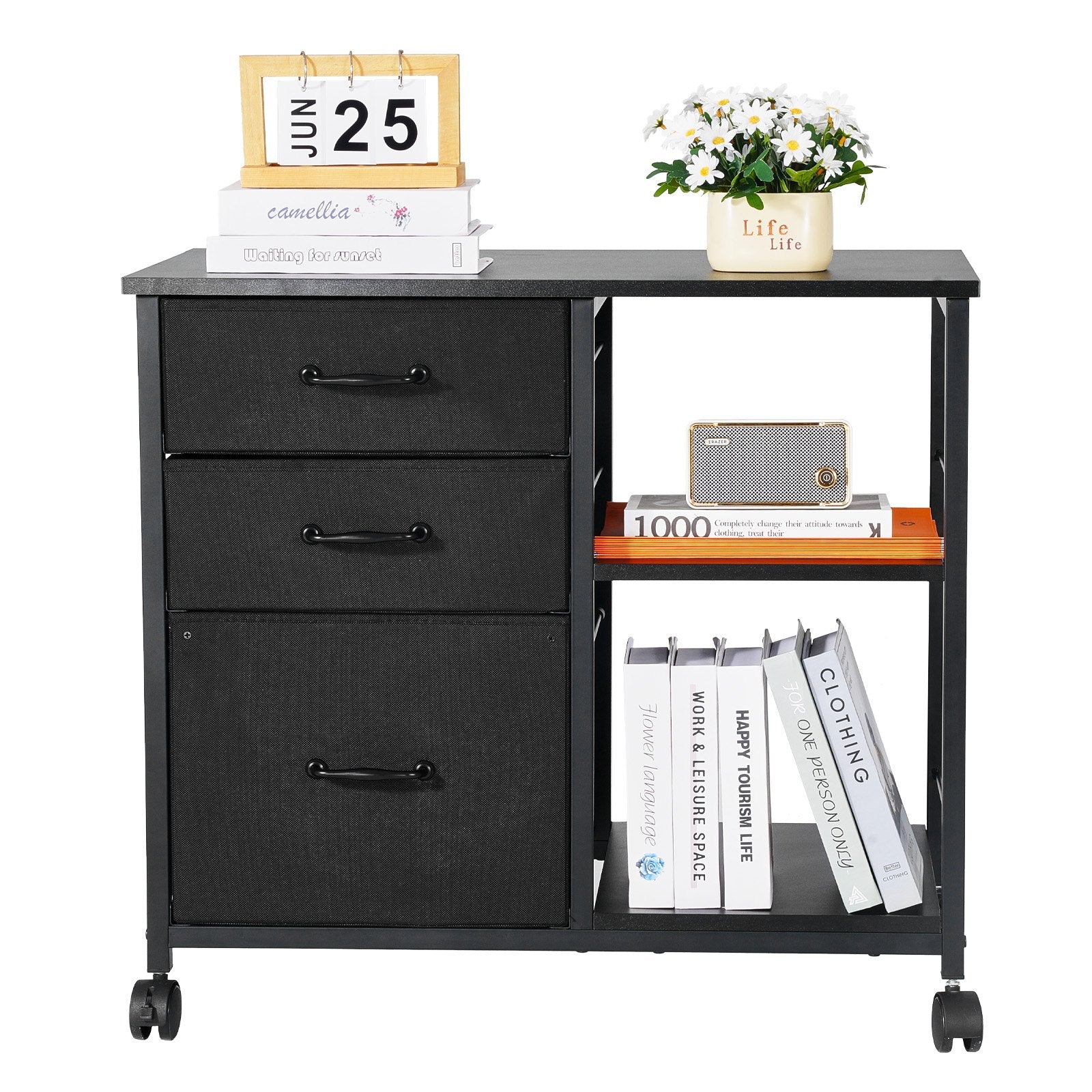 VEVOR Mobile Metal File Cabinet with 3 Fabric Drawers and 2 Open Shelves Black 10