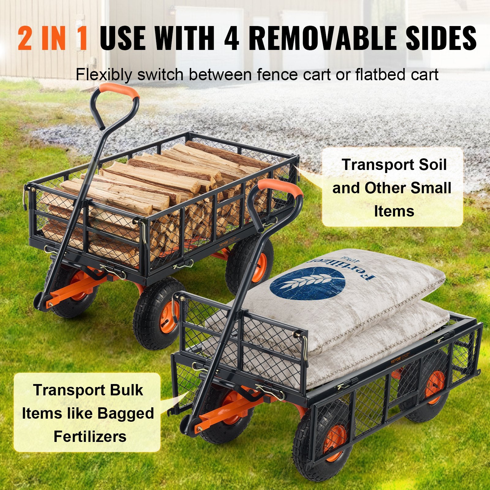VEVOR Dump Cart, Metal Garden Dump Cart with Easy to Assemble Frame, Dump Wagon with 2-in-1 Convertible Handle, Utility Wheelbarrow 399kg Capacity, 25.4cm Tires 4