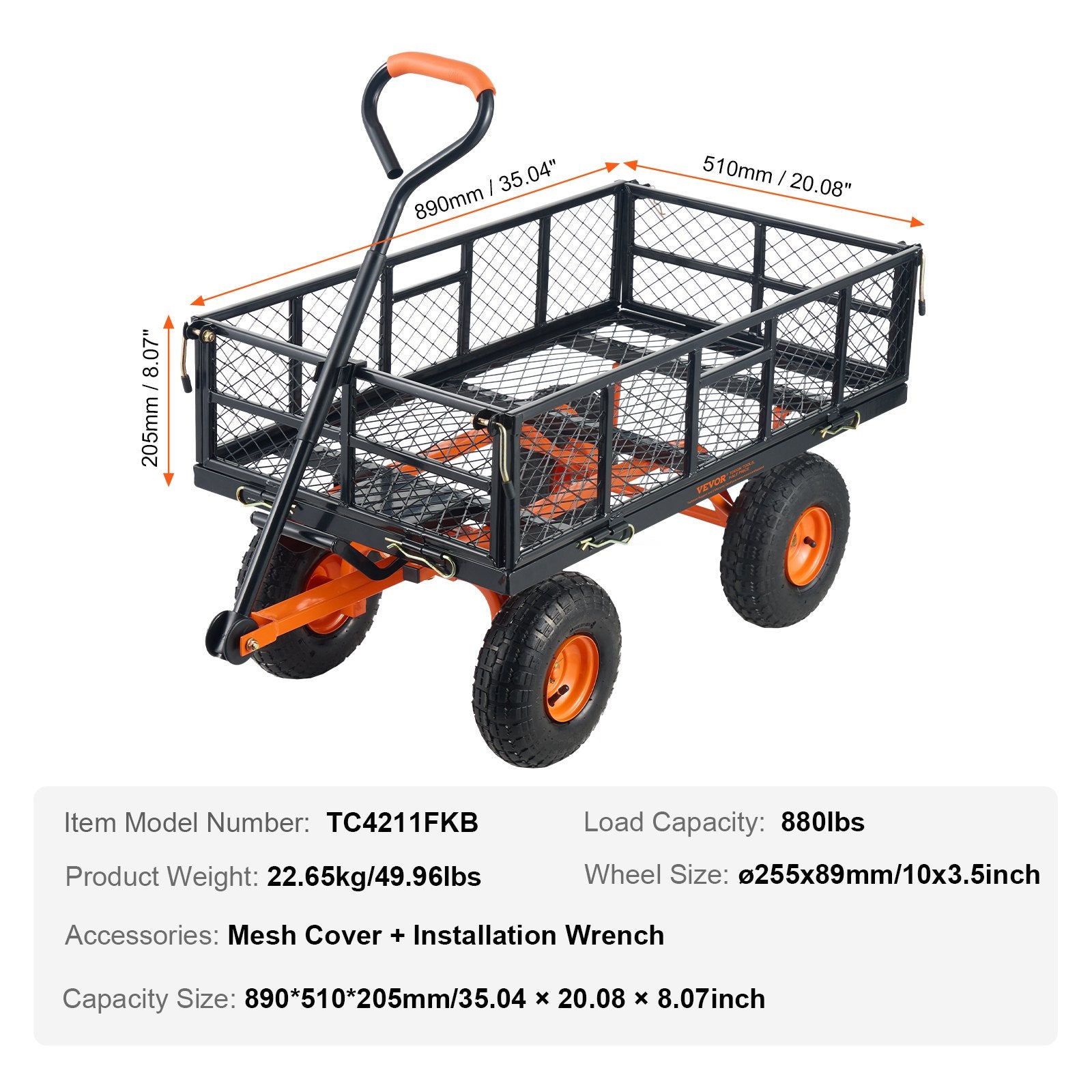 VEVOR Dump Cart, Metal Garden Dump Cart with Easy to Assemble Frame, Dump Wagon with 2-in-1 Convertible Handle, Utility Wheelbarrow 399kg Capacity, 25.4cm Tires 7