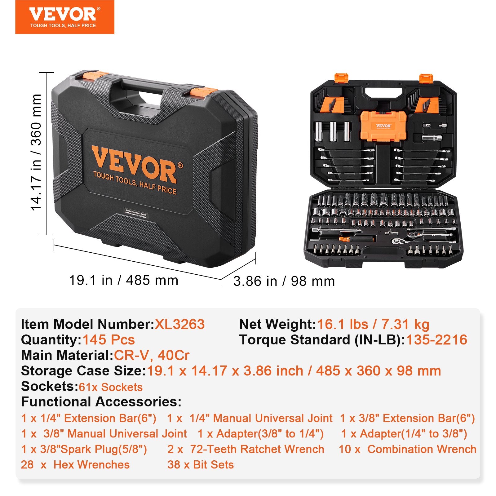 VEVOR Mechanics Tool Set and Socket Set 1/4in 3/8in Drive 145 Pcs SAE and Metric 6