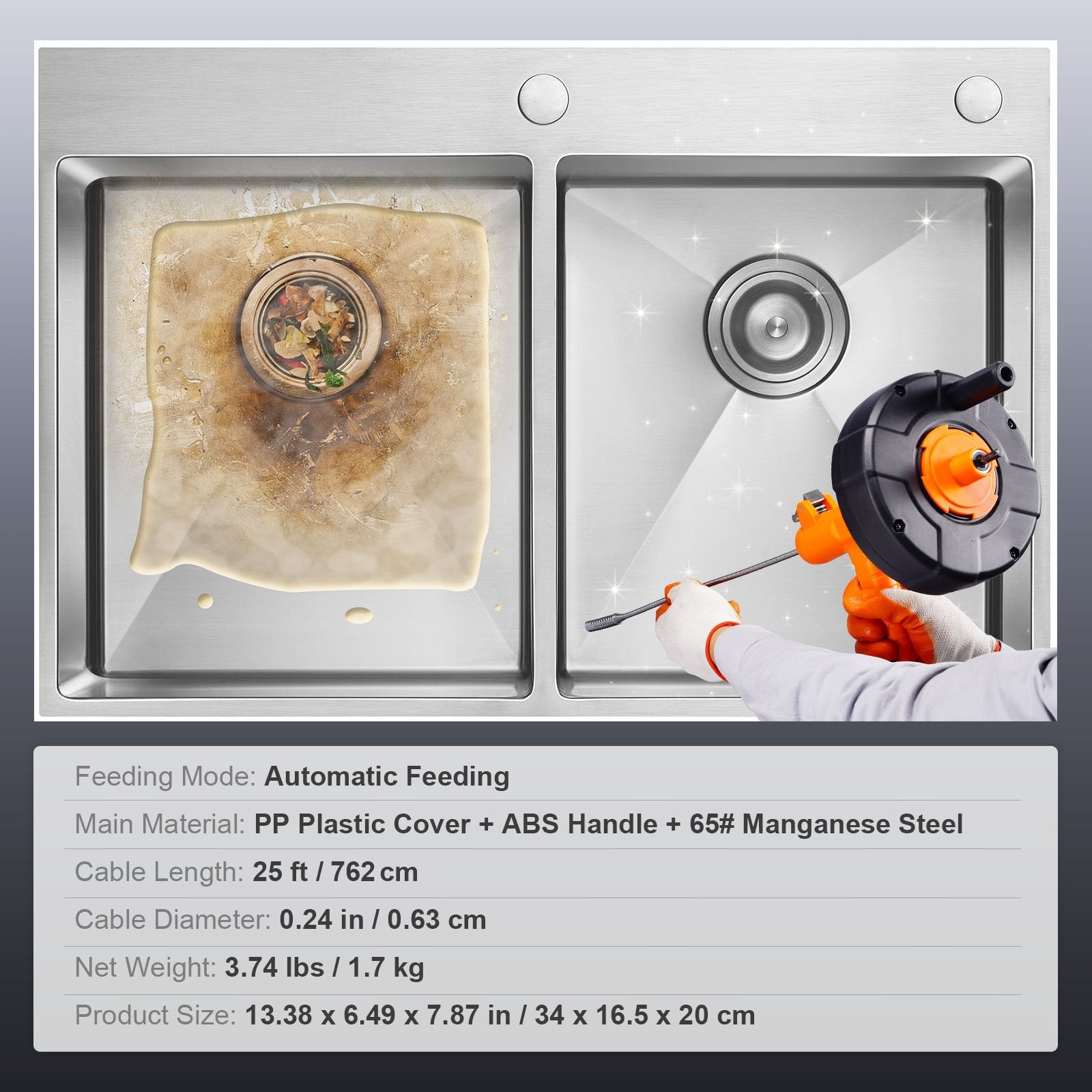 VEVOR Drain Auger 25ft 1/4in Drum Plumbing Drain Snake Clog Remover Autofeed 7