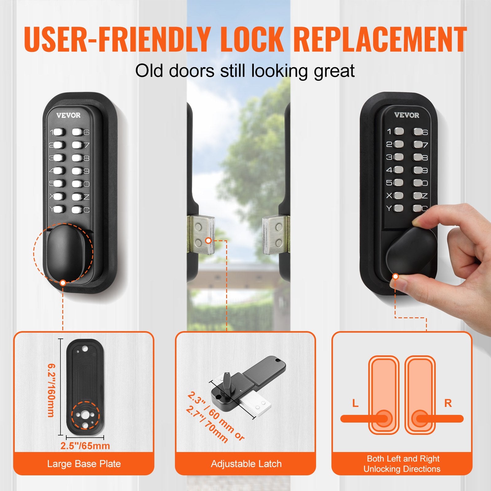 VEVOR Mechanical Keyless Entry Door Lock, 14 Digit Keypad, Water-proof Zinc Alloy, Outdoor Gate Door Locks Set with Surface-mounted Latch, Keypad and Knob, Easy to Install, for Garden, Garage, Yard 4