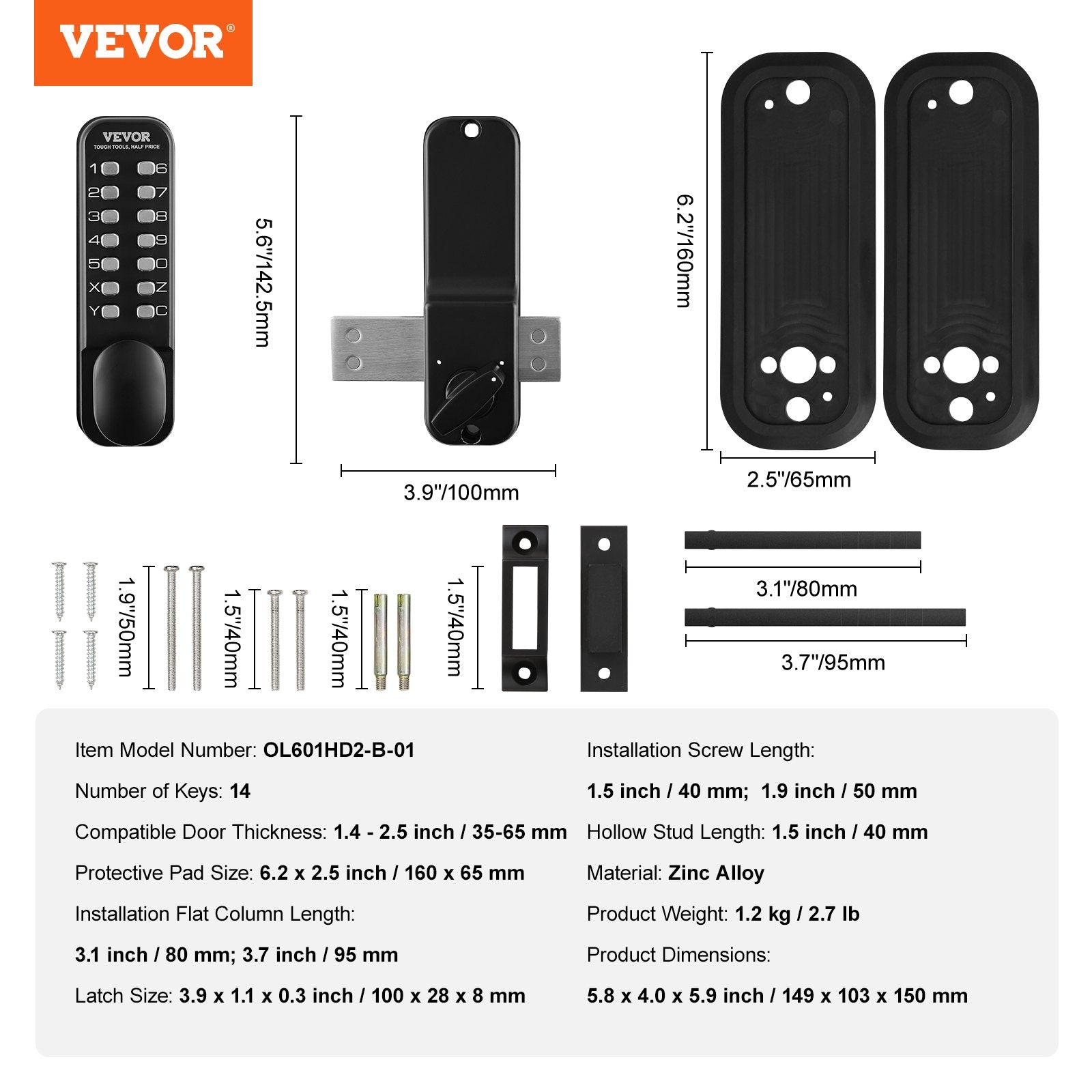 VEVOR Mechanical Keyless Entry Door Lock, 14 Digit Keypad, Water-proof Zinc Alloy, Outdoor Gate Door Locks Set with Surface-mounted Latch, Keypad and Knob, Easy to Install, for Garden, Garage, Yard 7
