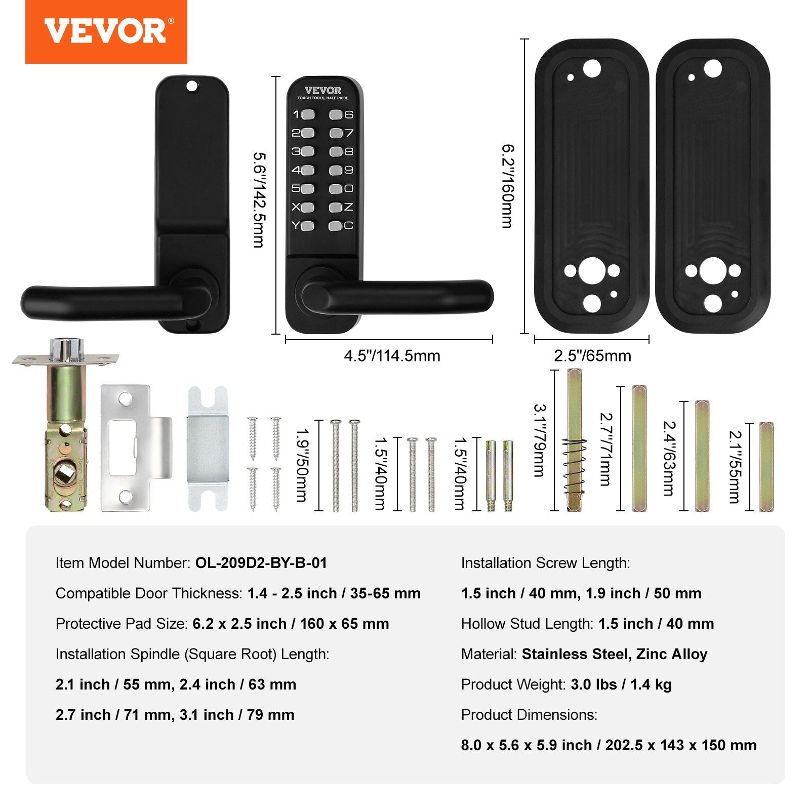 VEVOR Mechanical Keyless Entry Door Lock 14 Digit Keypad and Handle Embedded 7