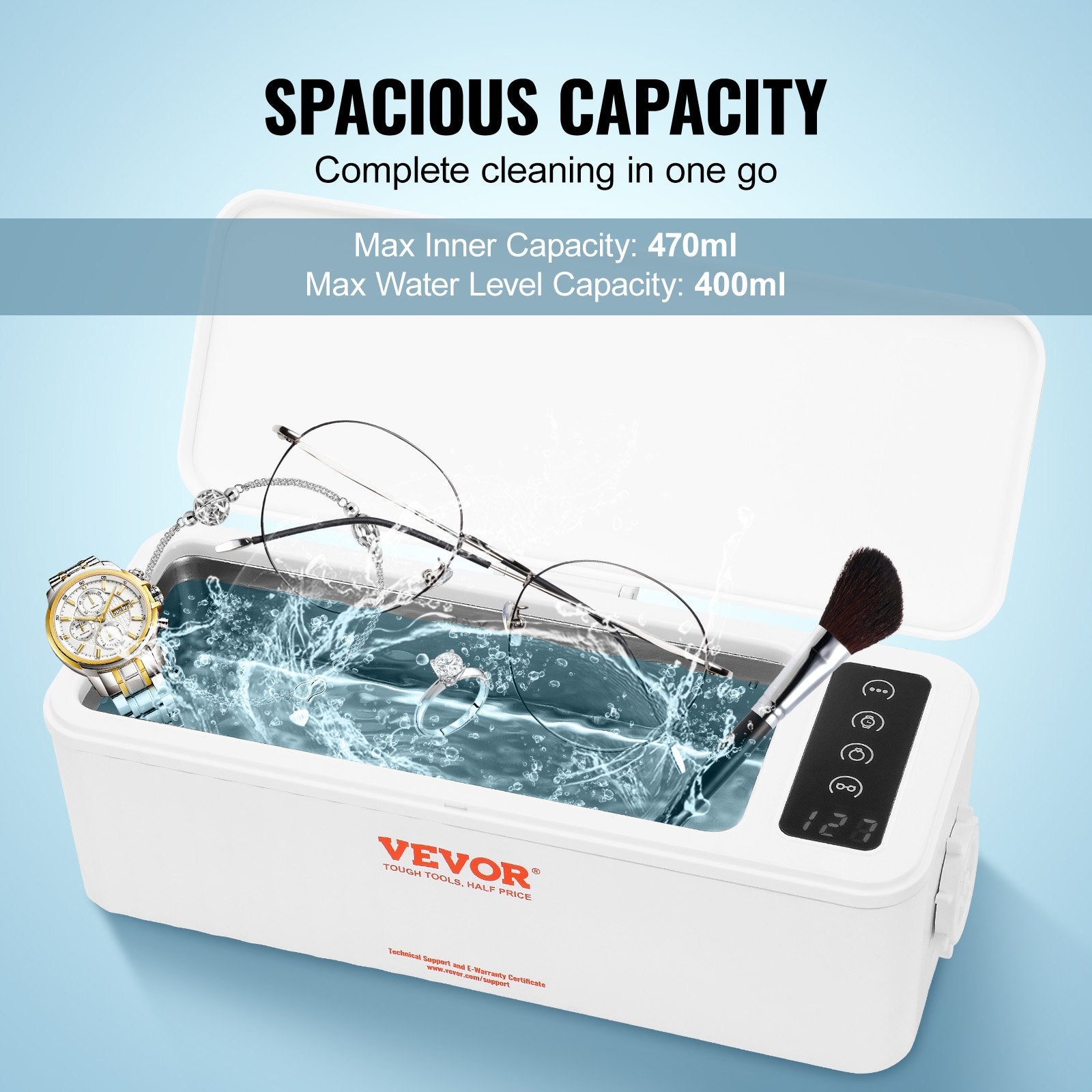 VEVOR Jewelry Cleaner Ultrasonic Machine, Ultrasonic Cleaner Machine 16oz (470ml) with 4 Timer Modes, Portable ultrasonic jewelry cleaner with Cleaning Basket for Eyeglasses, Watches, Dentures, Rings 5