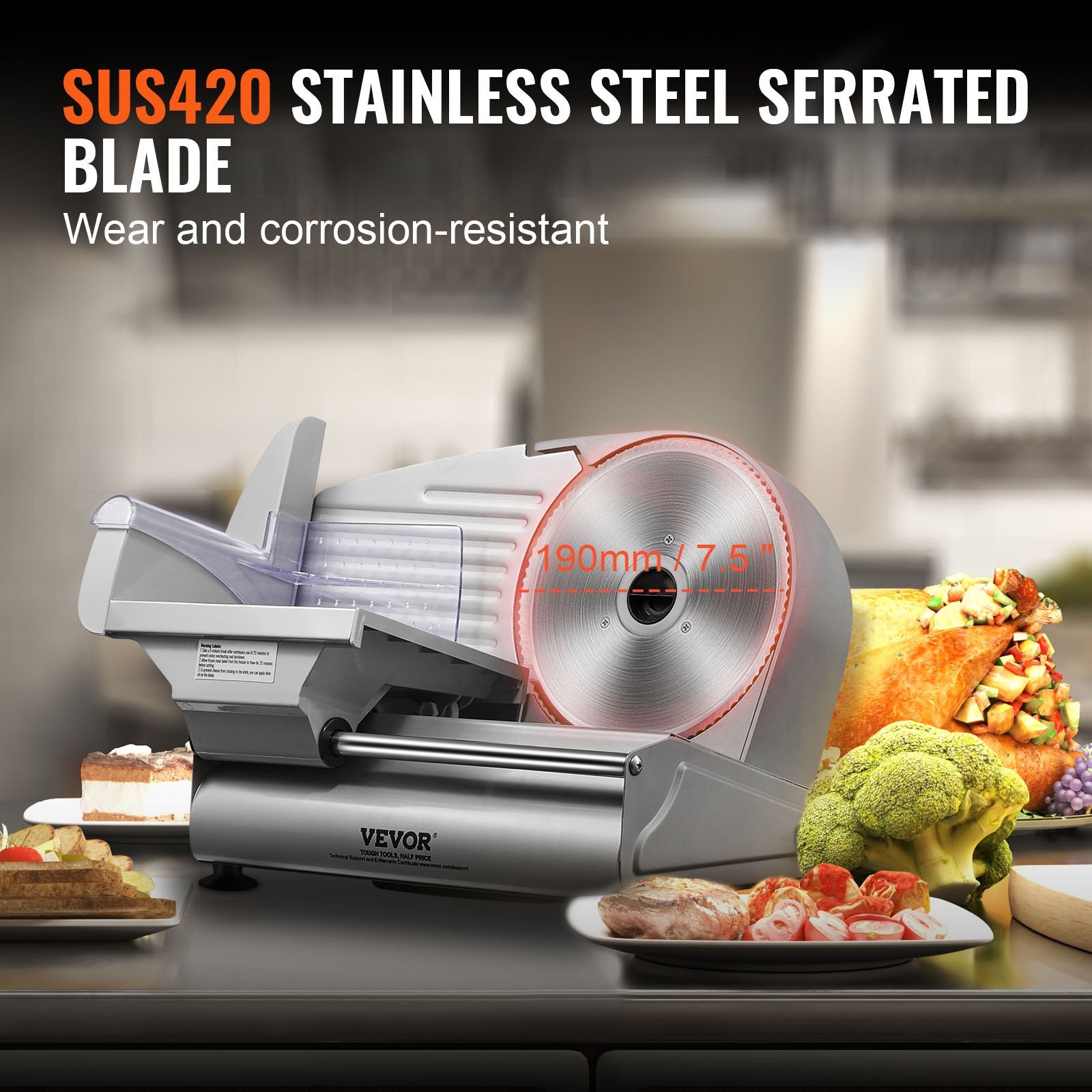 VEVOR Meat Slicer, 180W Electric Deli Food Slicer with 7.5" SUS420 Stainless Steel Blade and Blade Guard, 0 - 0.6 inch Adjustable Thickness for Home Use, Easy to Clean, Cut Meat, Bread, Ham and Cheese 3