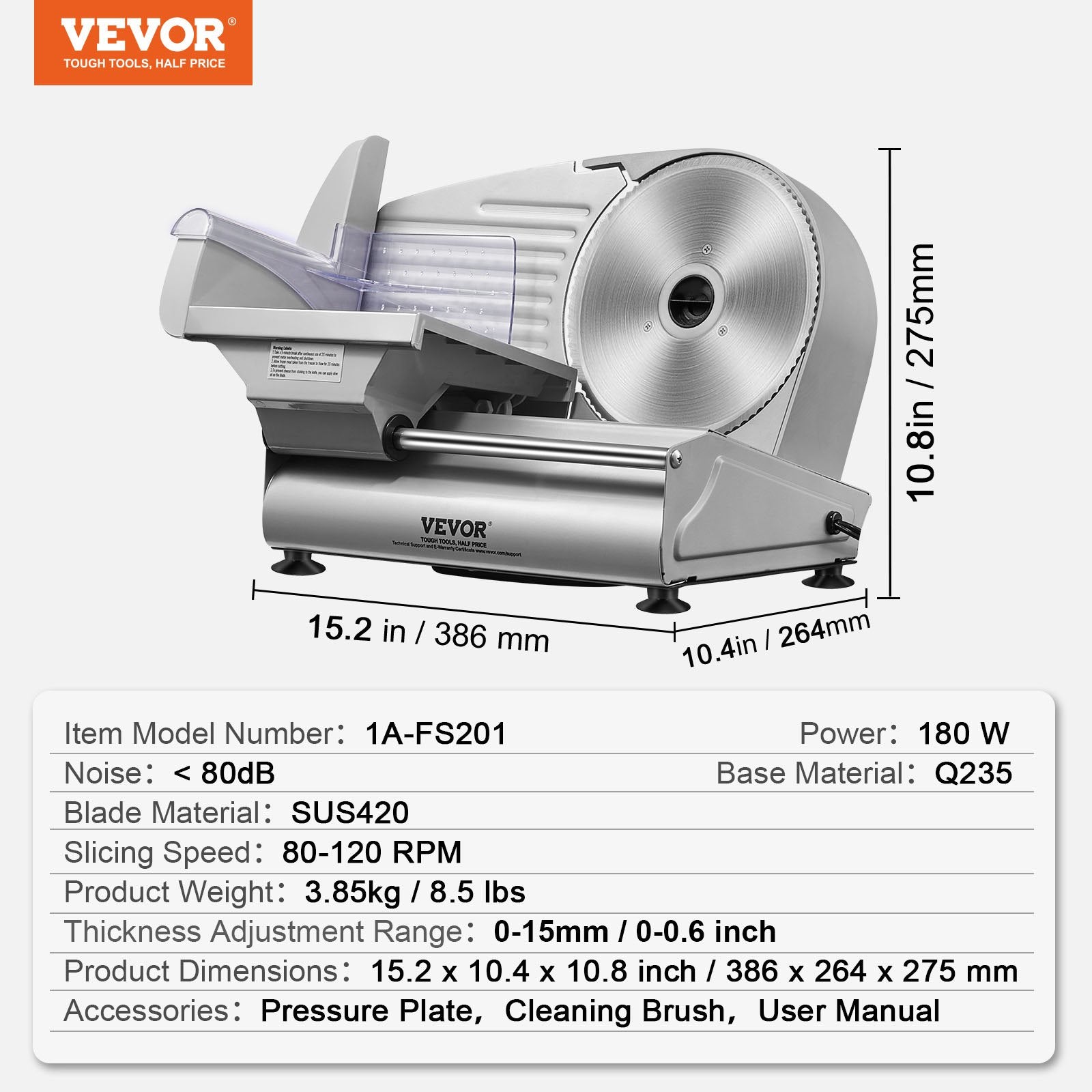VEVOR Meat Slicer, 180W Electric Deli Food Slicer with 7.5" SUS420 Stainless Steel Blade and Blade Guard, 0 - 0.6 inch Adjustable Thickness for Home Use, Easy to Clean, Cut Meat, Bread, Ham and Cheese 6