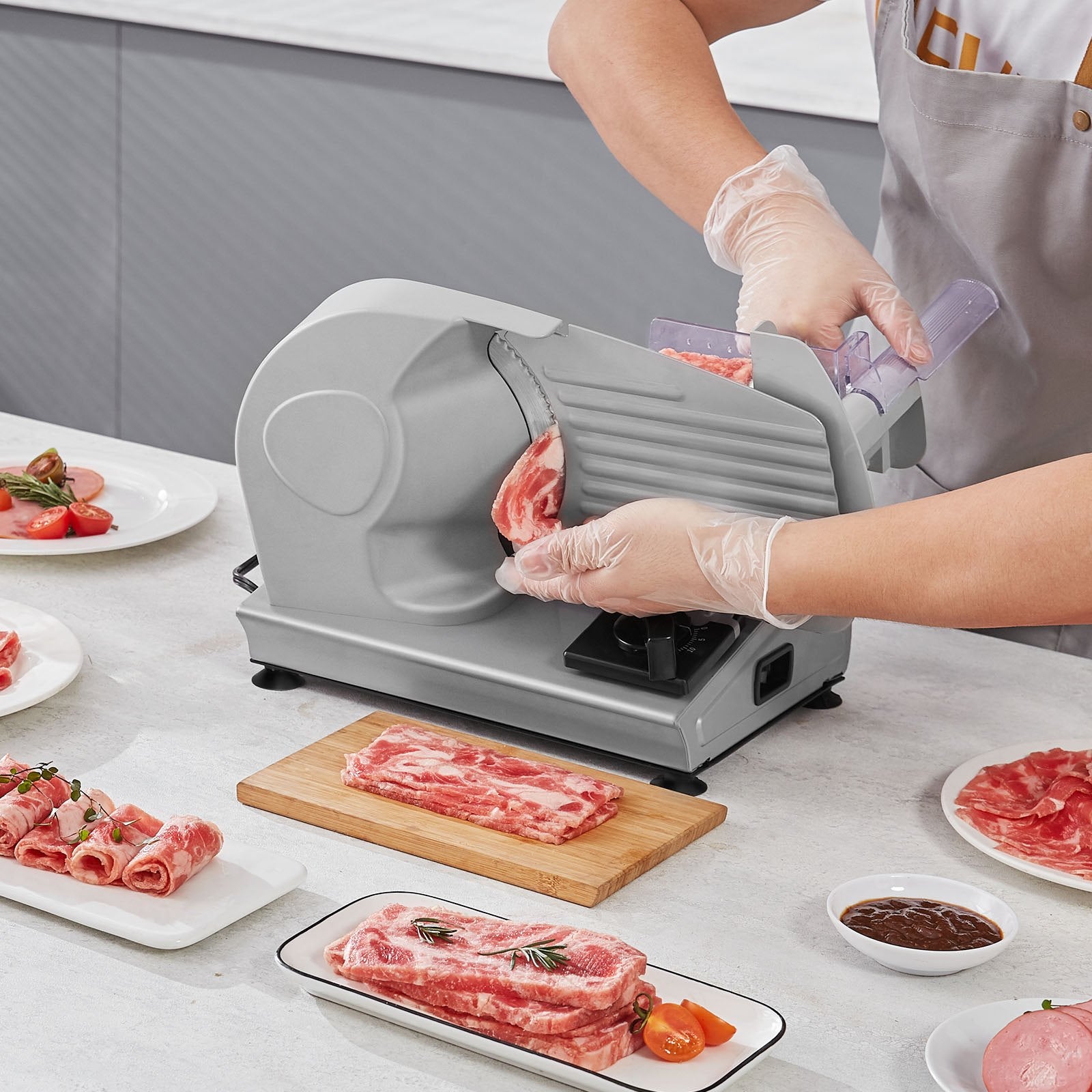 VEVOR Meat Slicer, 180W Electric Deli Food Slicer with 7.5" SUS420 Stainless Steel Blade and Blade Guard, 0 - 0.6 inch Adjustable Thickness for Home Use, Easy to Clean, Cut Meat, Bread, Ham and Cheese 7