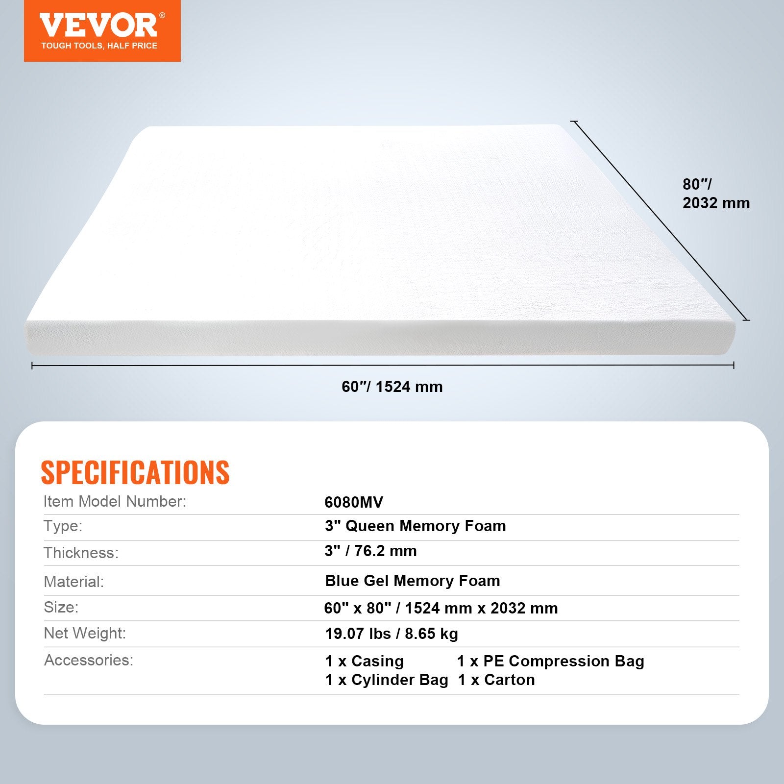VEVOR Mattress Topper Memory Foam Detachable & Washable Queen 76.2 mm Thickness 7