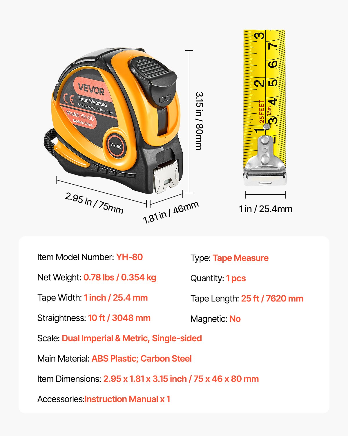 VEVOR Tape Measure 7620mm Retractable Imperial Metric for Decoration 7