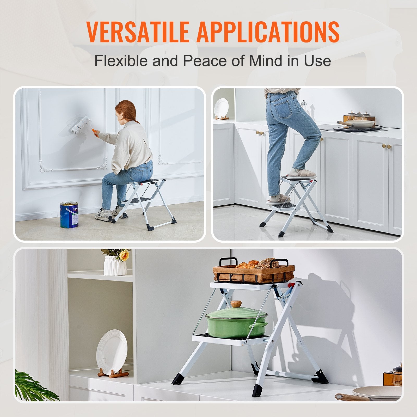 VEVOR Step Ladder 2-Step 150kg Capacity, Ergonomic Folding Steel Step Stool with Wide Anti-Slip Pedal, Sturdy Step Stool for Adults Toddlers, Multi-Use for Household, Kitchen, Office, RVs 6