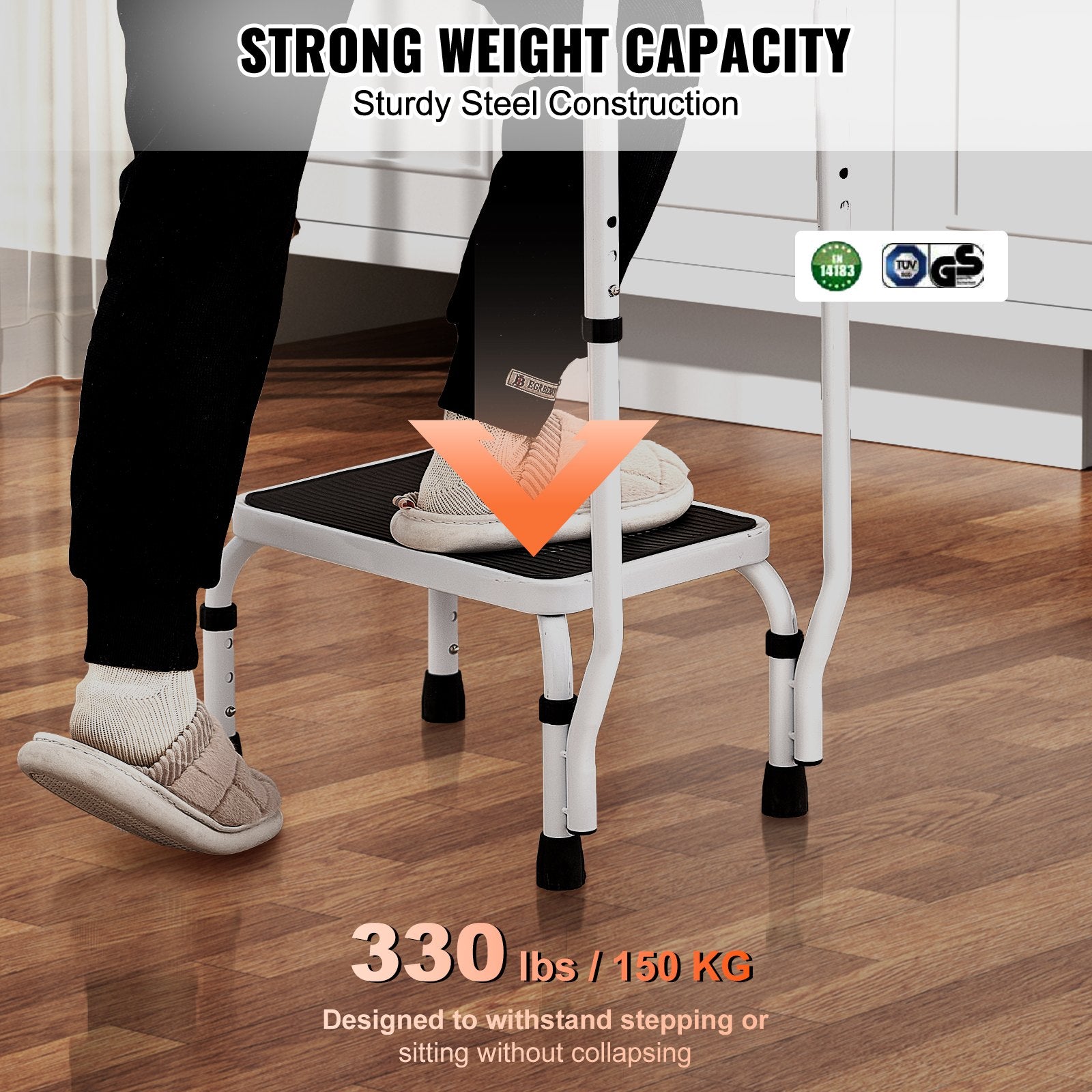 VEVOR Step Stool 1-Step 150KG Capacity, 3 Adjustable Height with Handle Steel Step Ladder, Portable Toddler Step Stools for Adults, Non-Slip Sturdy Step Ladders for Office, RVs, Pets 3