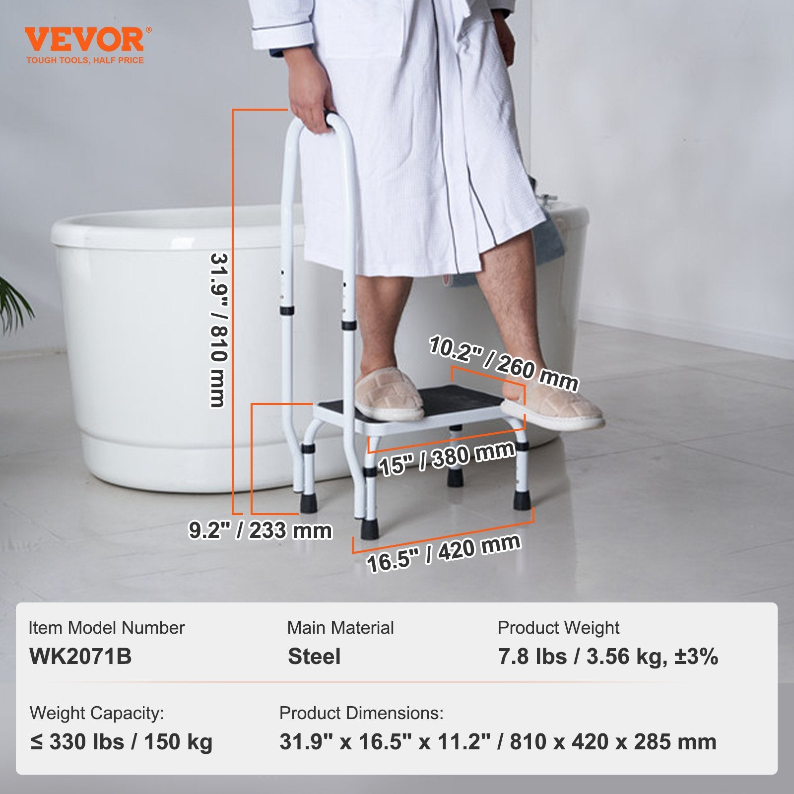 VEVOR Step Stool 1-Step 150KG Capacity, 3 Adjustable Height with Handle Steel Step Ladder, Portable Toddler Step Stools for Adults, Non-Slip Sturdy Step Ladders for Office, RVs, Pets 7