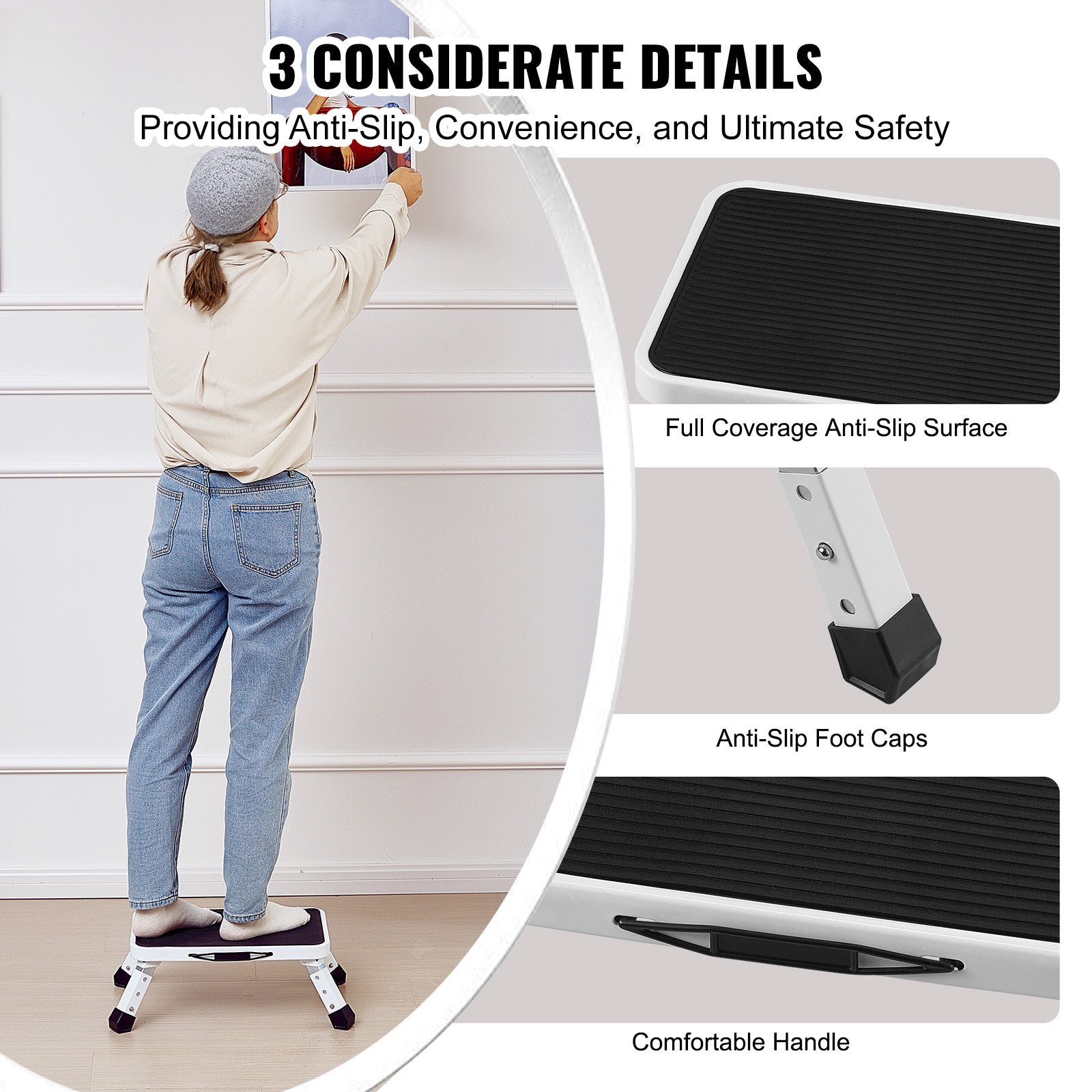 VEVOR Step Stool 1-Step 150KG Capacity, Folding Steel Step Ladder 3 Adjustable Height, Portable Toddler Step Stools for Adults, Non-Slip Sturdy Step Ladders for Office, RVs, Pets, Bathrooms,Bedrooms 5