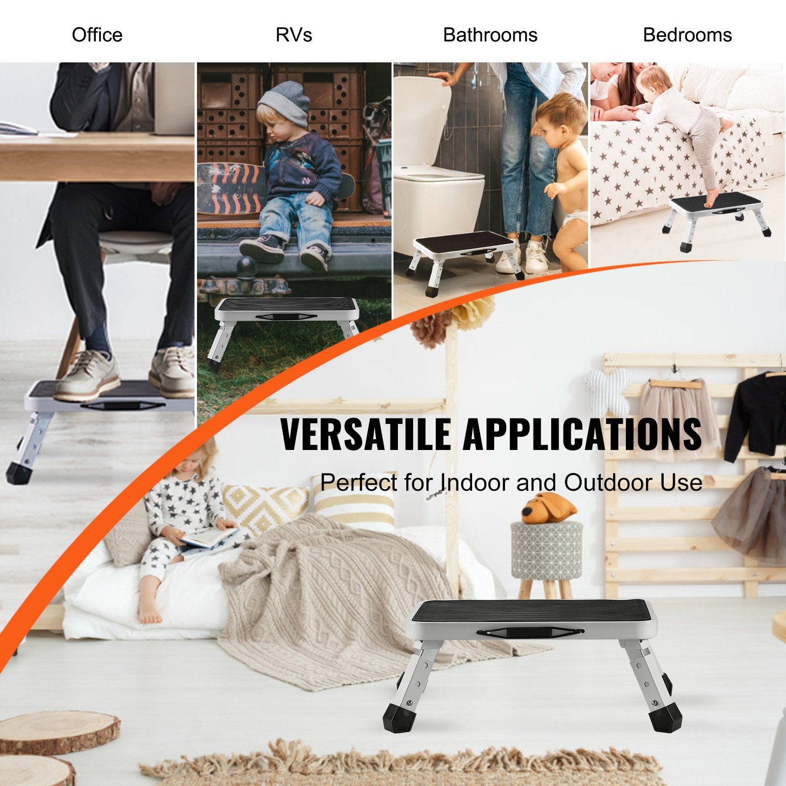 VEVOR Step Stool 1-Step 150KG Capacity, Folding Steel Step Ladder 3 Adjustable Height, Portable Toddler Step Stools for Adults, Non-Slip Sturdy Step Ladders for Office, RVs, Pets, Bathrooms,Bedrooms 6