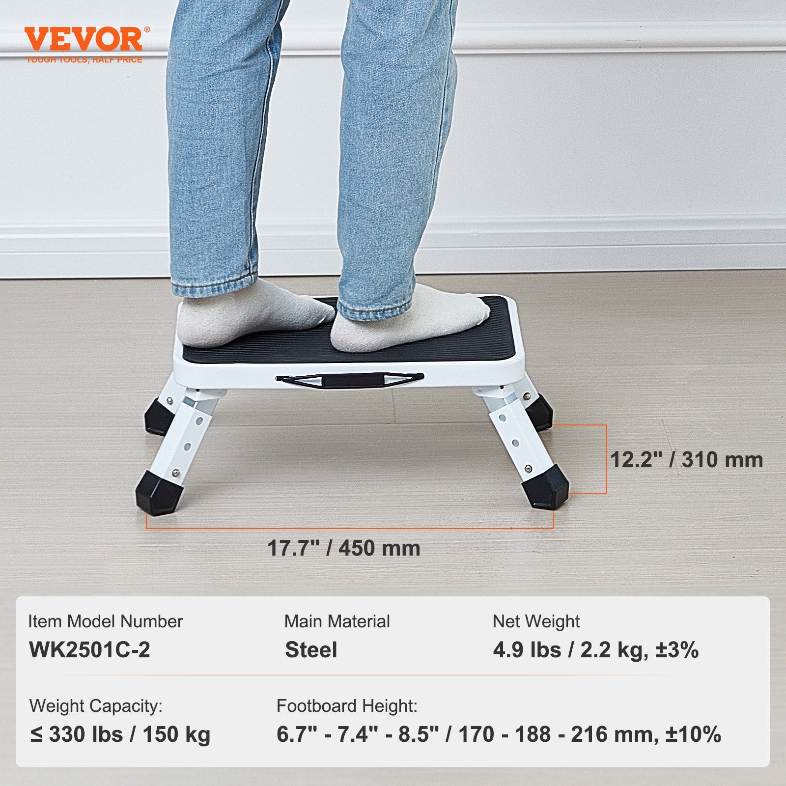 VEVOR Step Stool 1-Step 150KG Capacity, Folding Steel Step Ladder 3 Adjustable Height, Portable Toddler Step Stools for Adults, Non-Slip Sturdy Step Ladders for Office, RVs, Pets, Bathrooms,Bedrooms 7