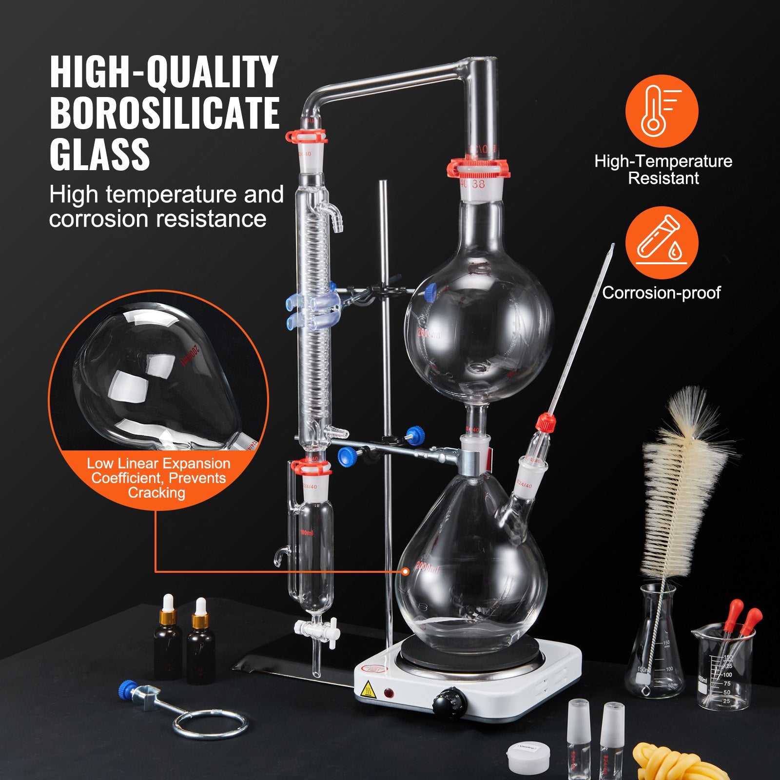 VEVOR Essential Oil Distillation Kit, 2000ml Distillation Apparatus, 3.3 Boro Lab Glassware Distillation Kit with 1000W Heating Plate and 24, 40 Joint, 28 pcs Set 3