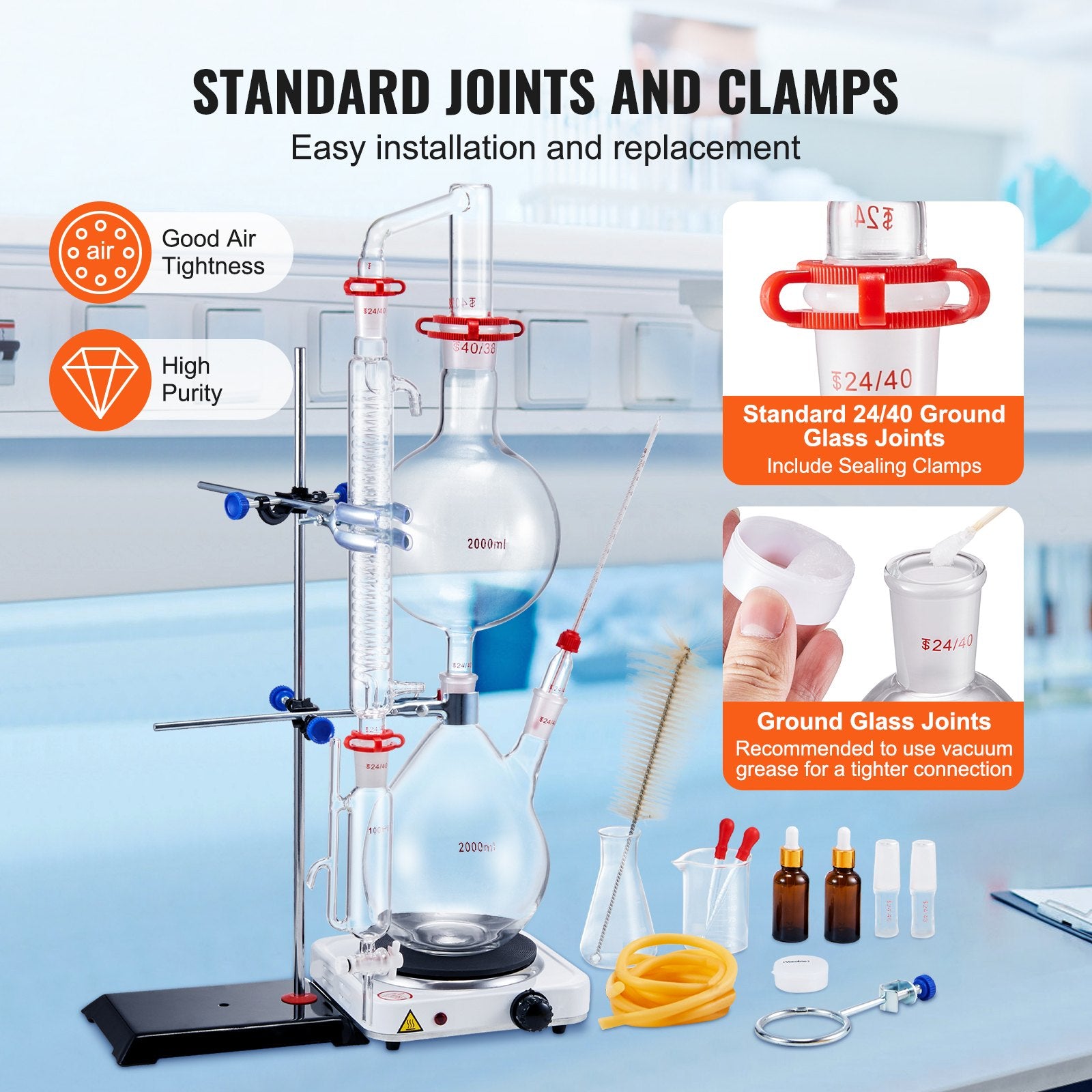 VEVOR Essential Oil Distillation Kit, 2000ml Distillation Apparatus, 3.3 Boro Lab Glassware Distillation Kit with 1000W Heating Plate and 24, 40 Joint, 28 pcs Set 4