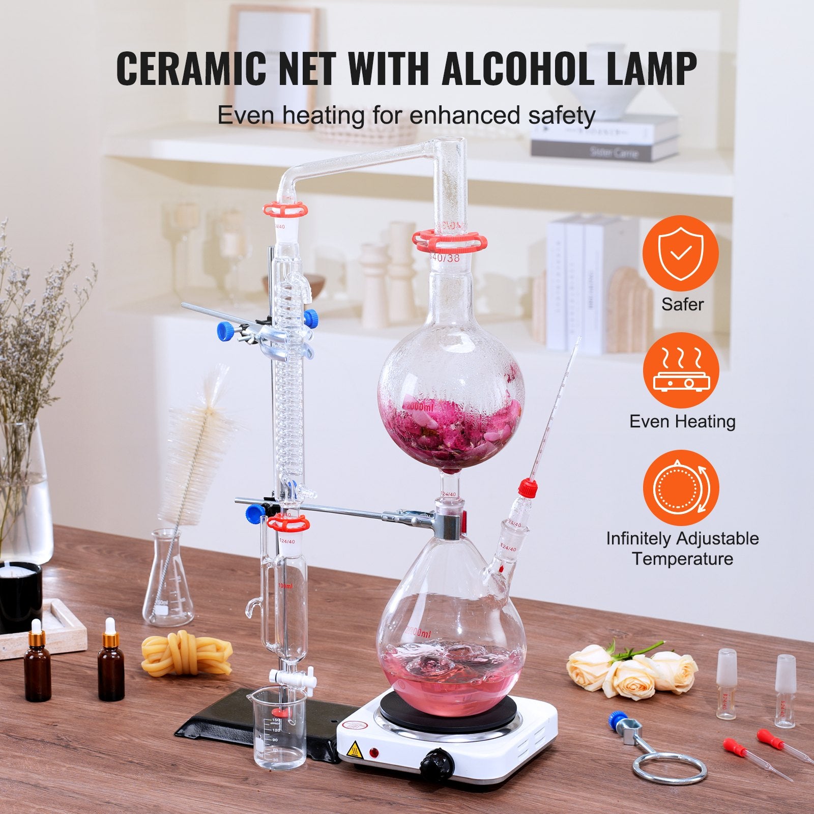 VEVOR Essential Oil Distillation Kit, 2000ml Distillation Apparatus, 3.3 Boro Lab Glassware Distillation Kit with 1000W Heating Plate and 24, 40 Joint, 28 pcs Set 5