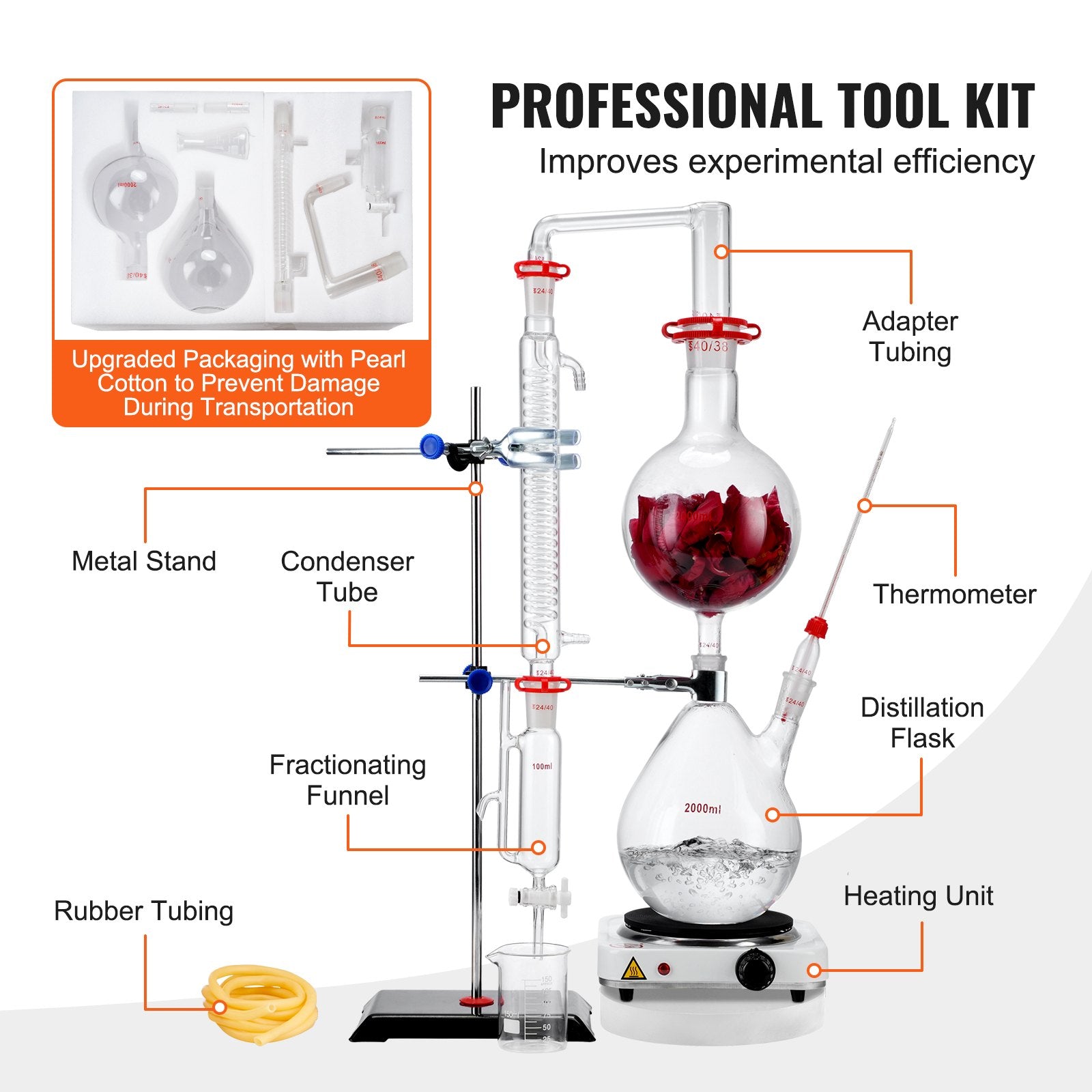 VEVOR Essential Oil Distillation Kit, 2000ml Distillation Apparatus, 3.3 Boro Lab Glassware Distillation Kit with 1000W Heating Plate and 24, 40 Joint, 28 pcs Set 6