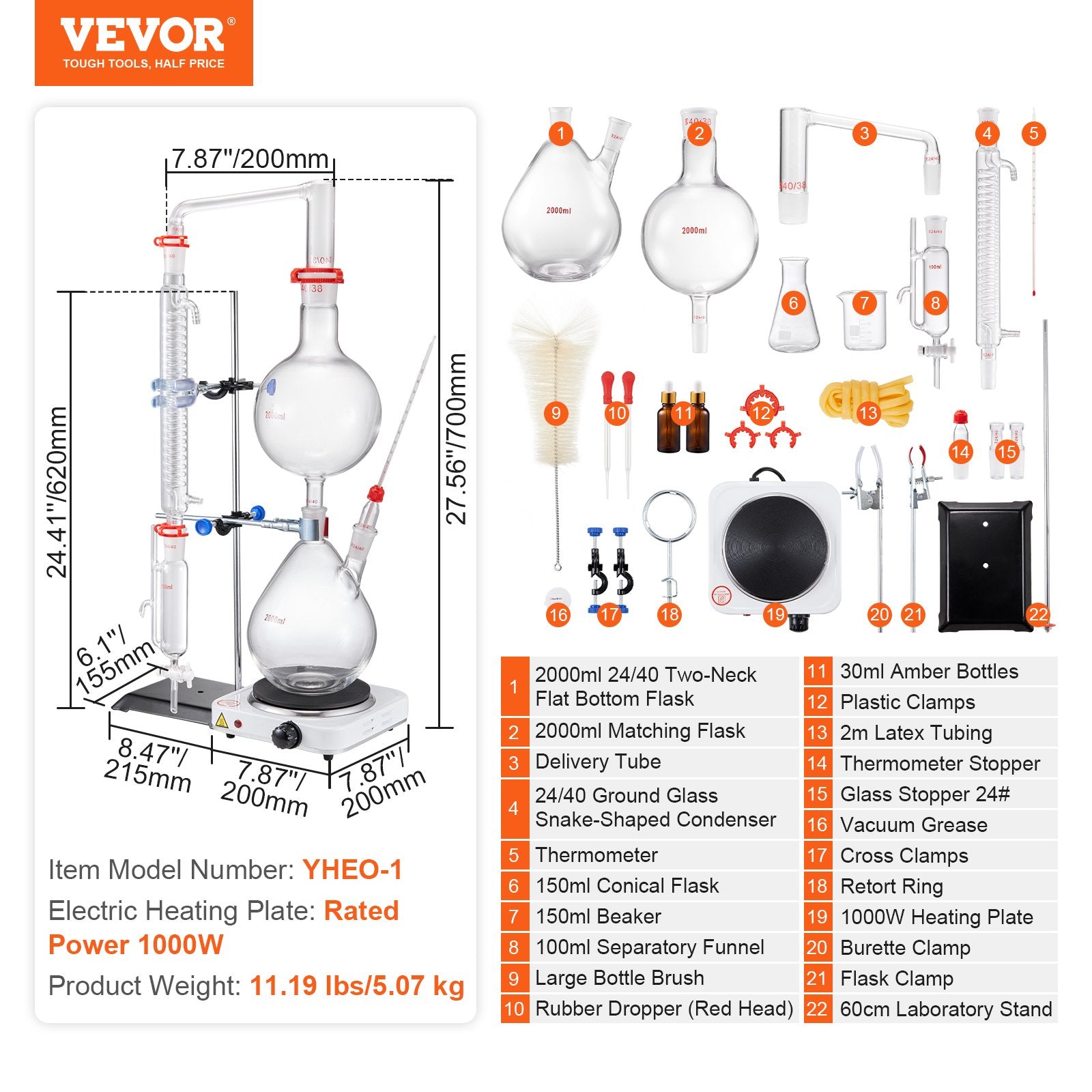 VEVOR Essential Oil Distillation Kit, 2000ml Distillation Apparatus, 3.3 Boro Lab Glassware Distillation Kit with 1000W Heating Plate and 24, 40 Joint, 28 pcs Set 7